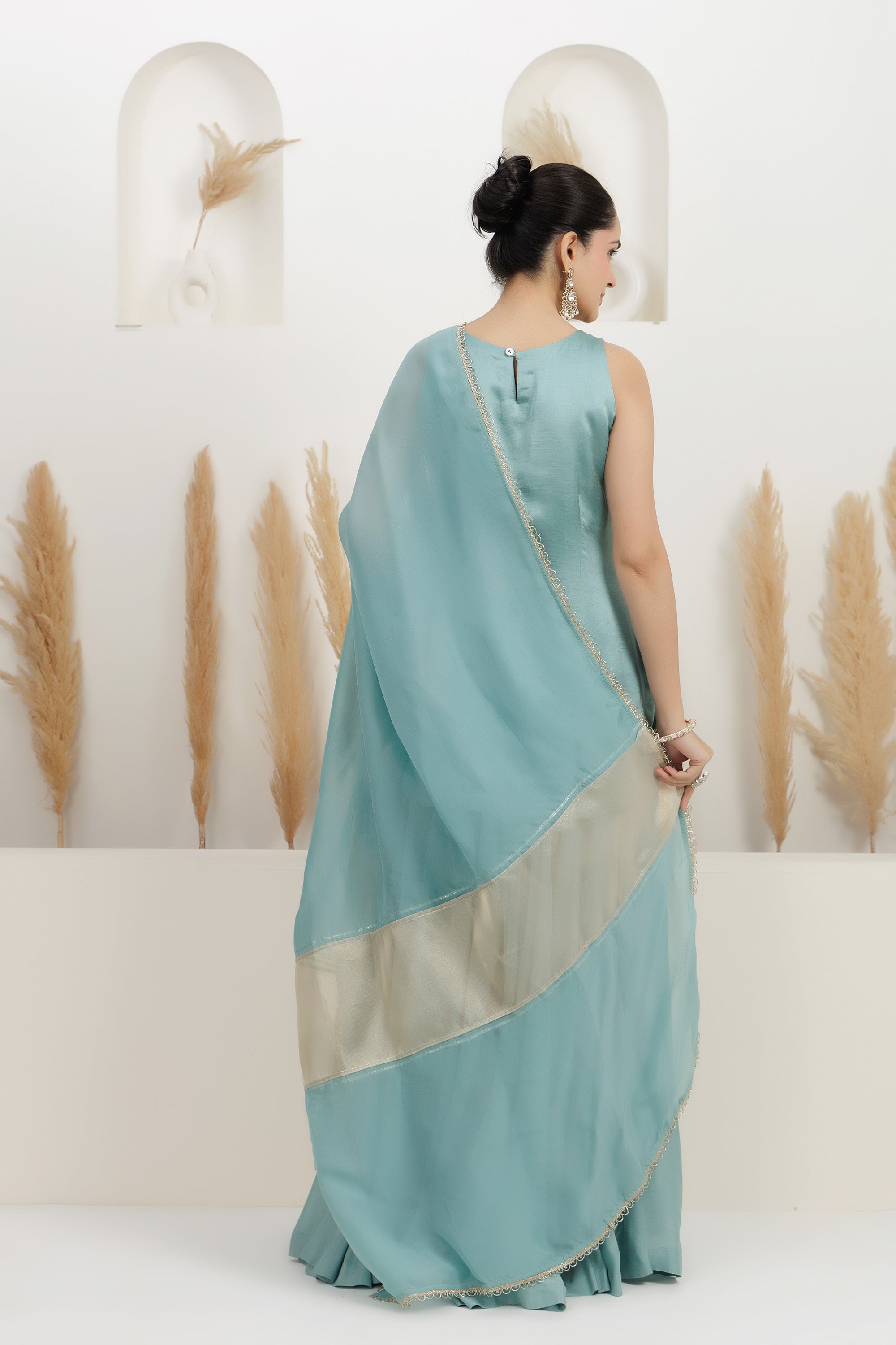 Ice-Blue satin silk Embroidered sharara suit set