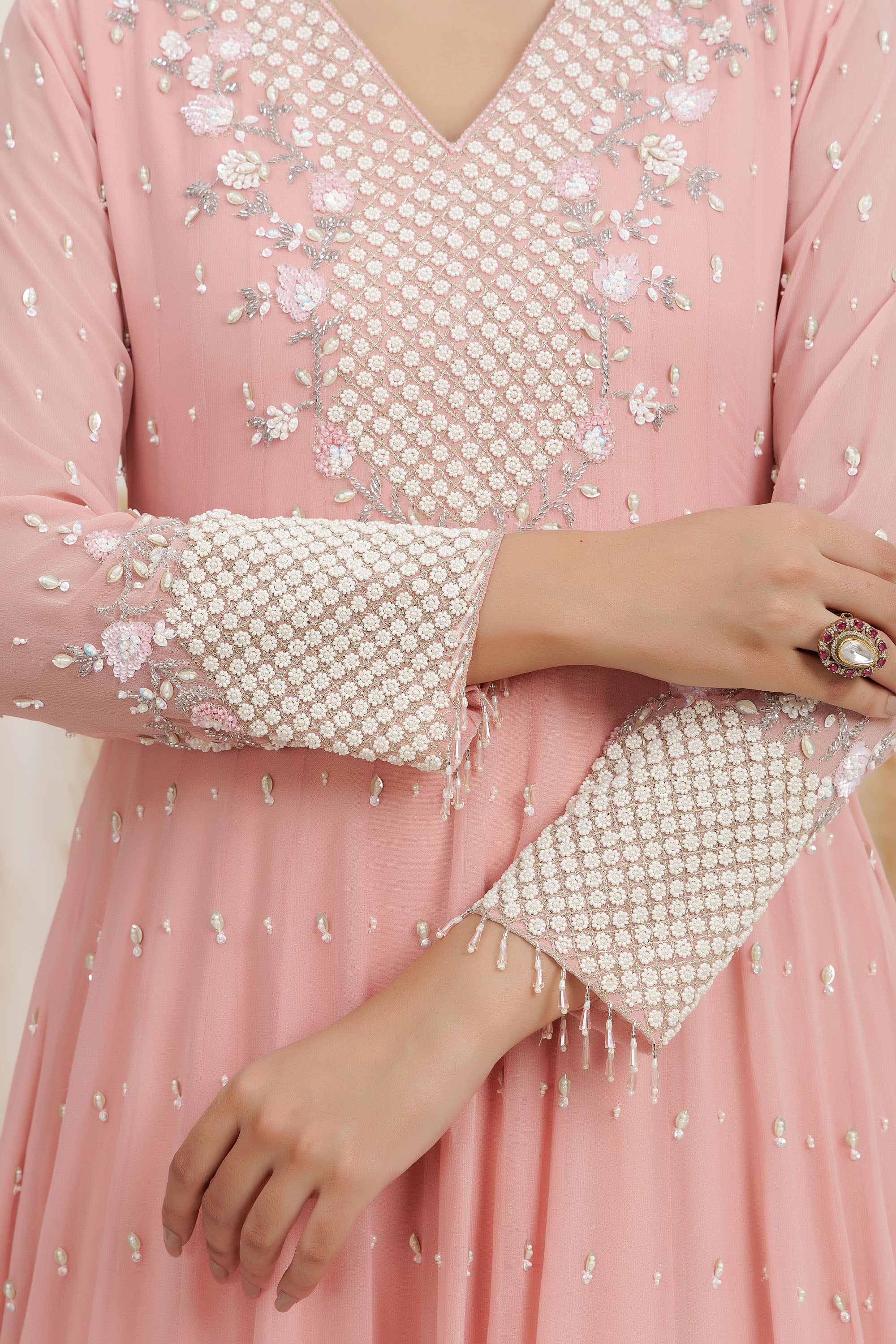 Peach Georgette Embroidered Gown.