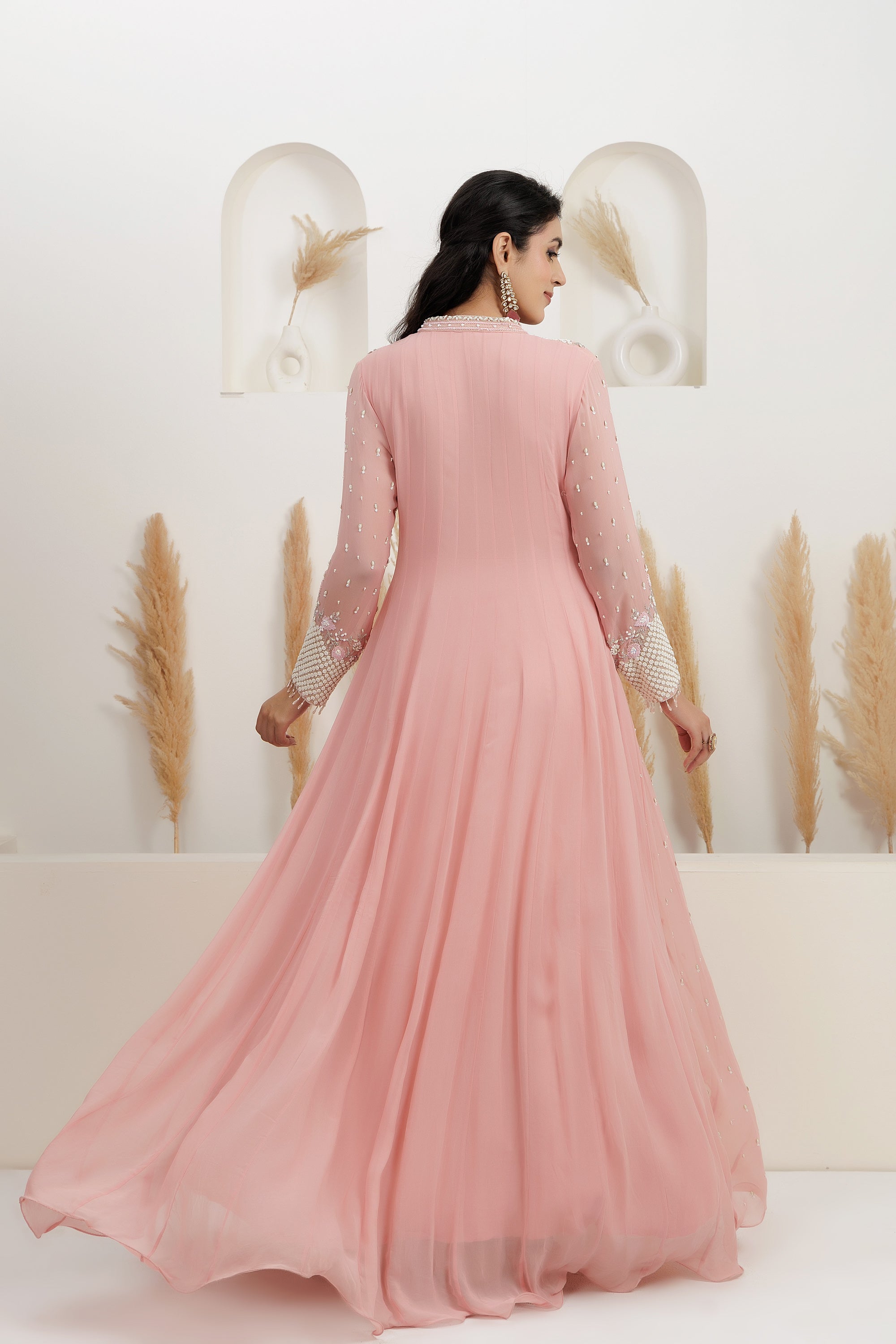 Peach Georgette Embroidered Gown.