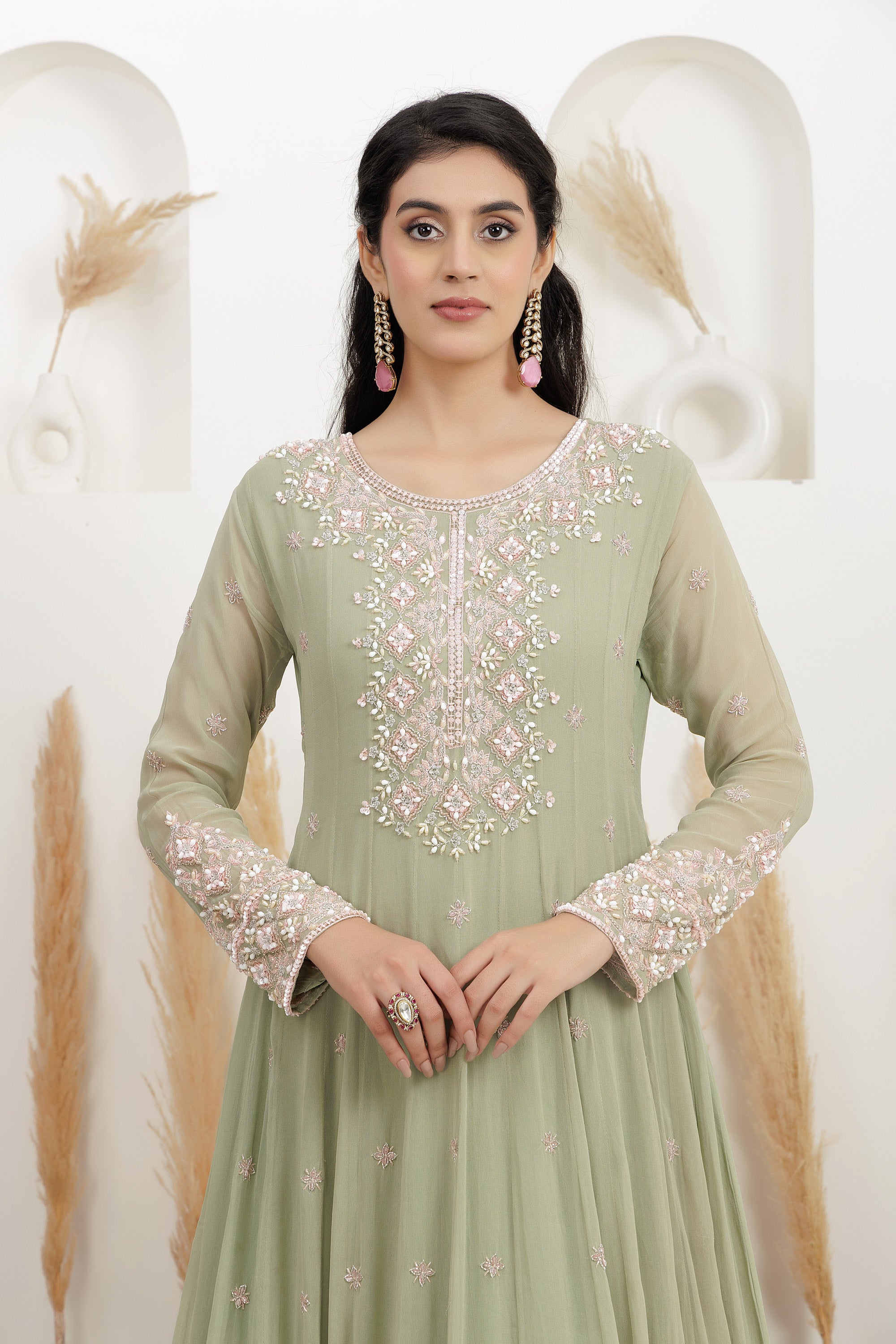 sage Green Georgette Embroidered Gown.