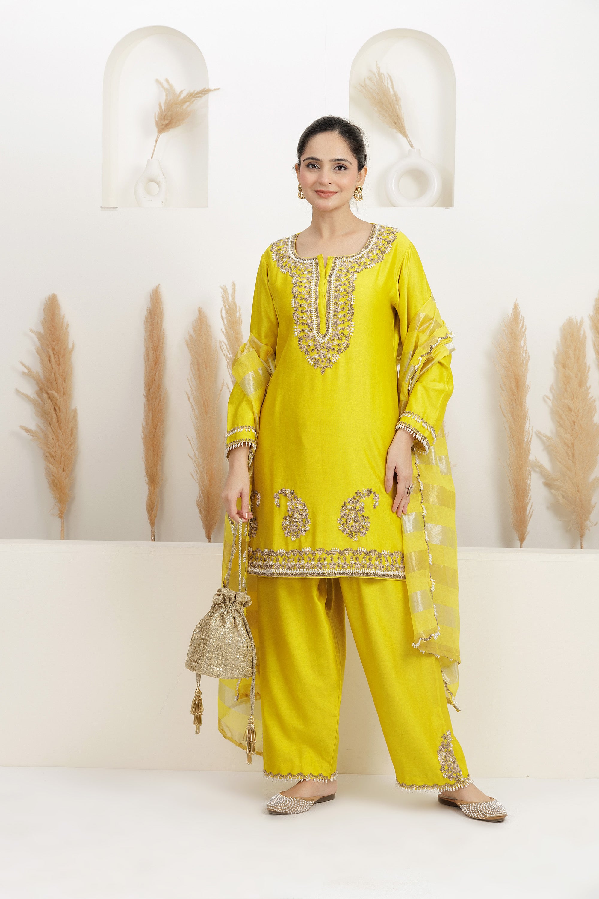 Mustard yellow Pure chanderi Silk Embroidered Suit with pants and dupatta Set.