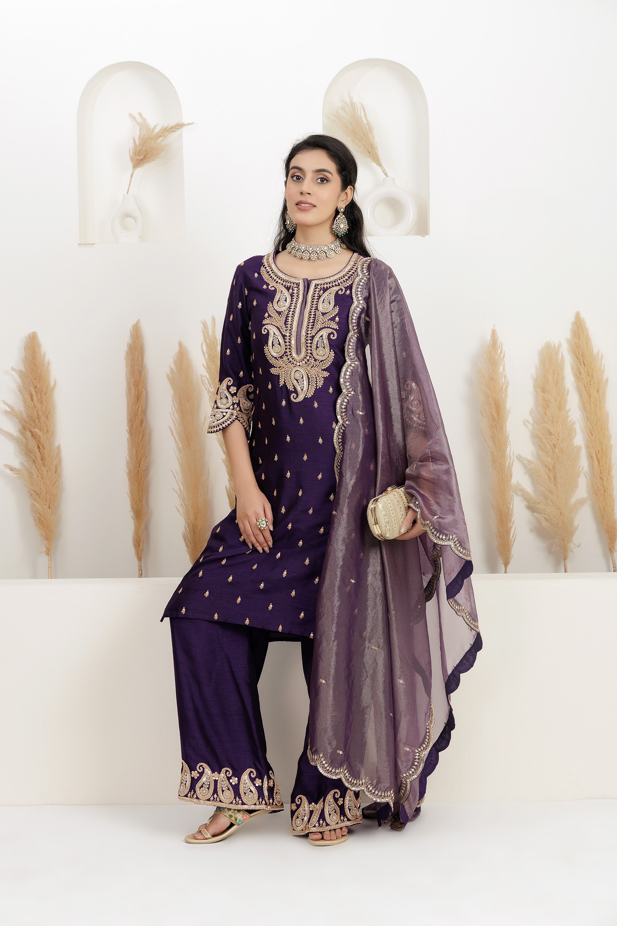 purple bamber silk embroidered suit with palazzo and dupatta.