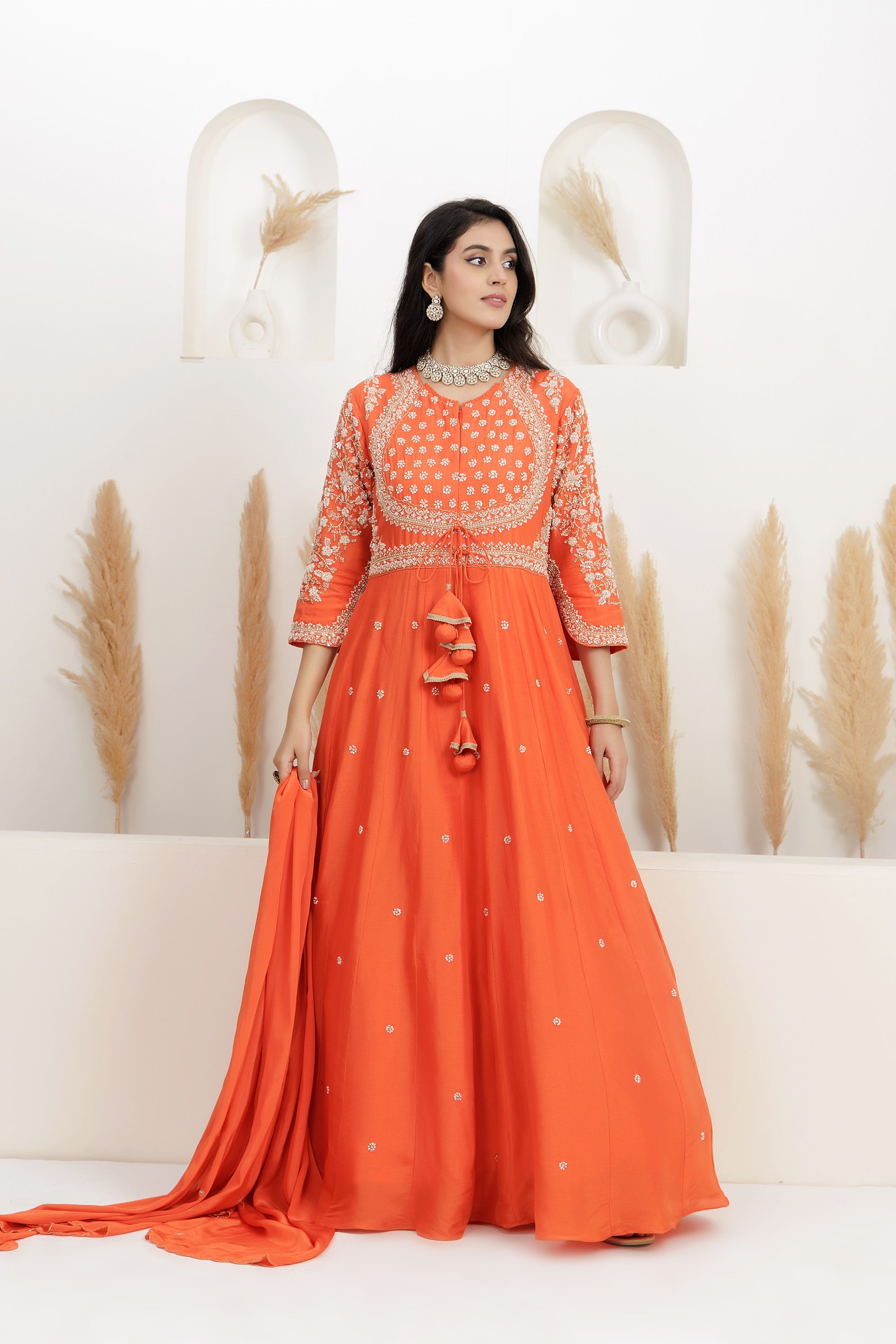 Rust  Dupion Silk Embroidered Anarkali Suit with Dupatta.