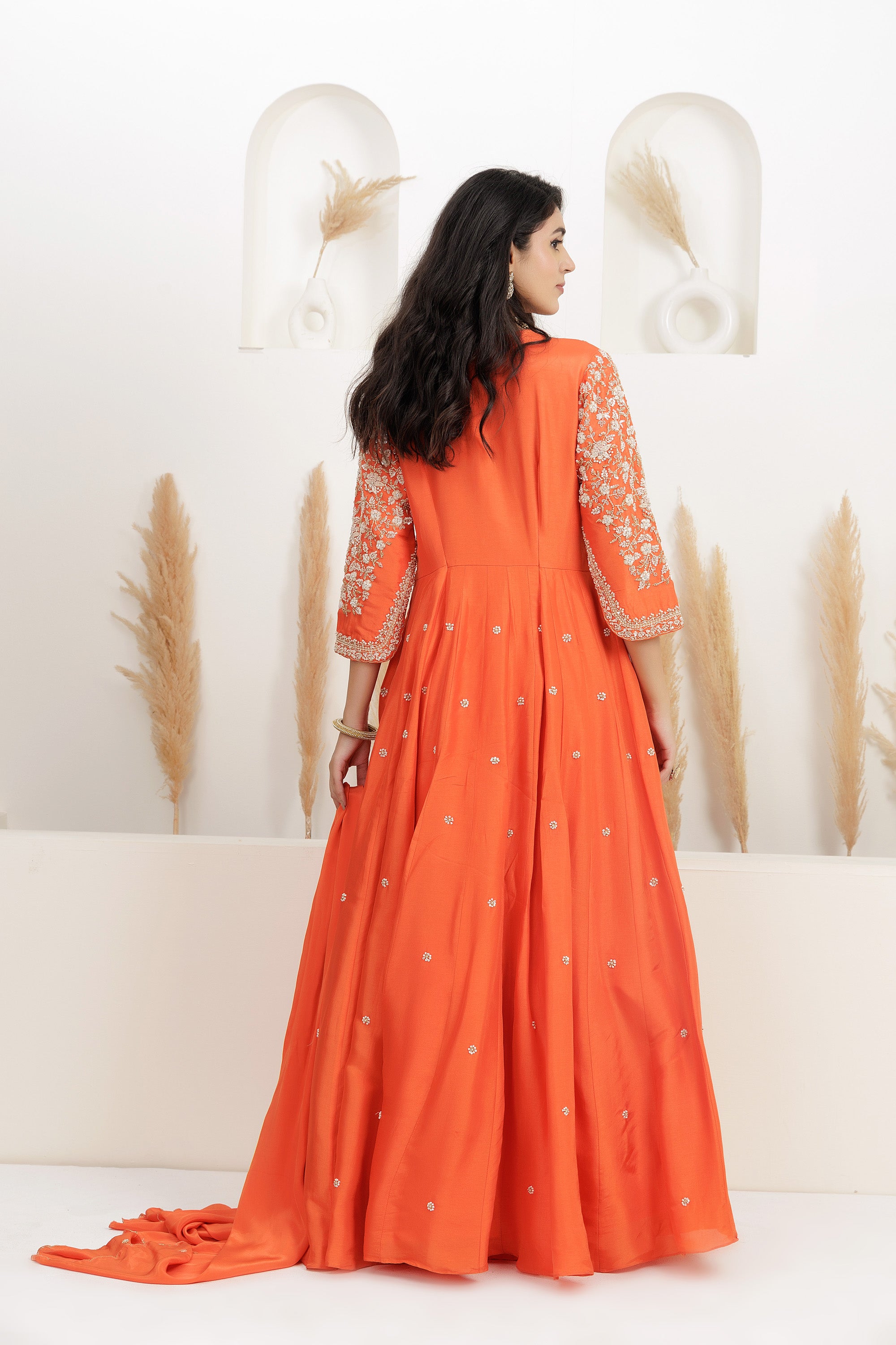 Rust  Dupion Silk Embroidered Anarkali Suit with Dupatta.