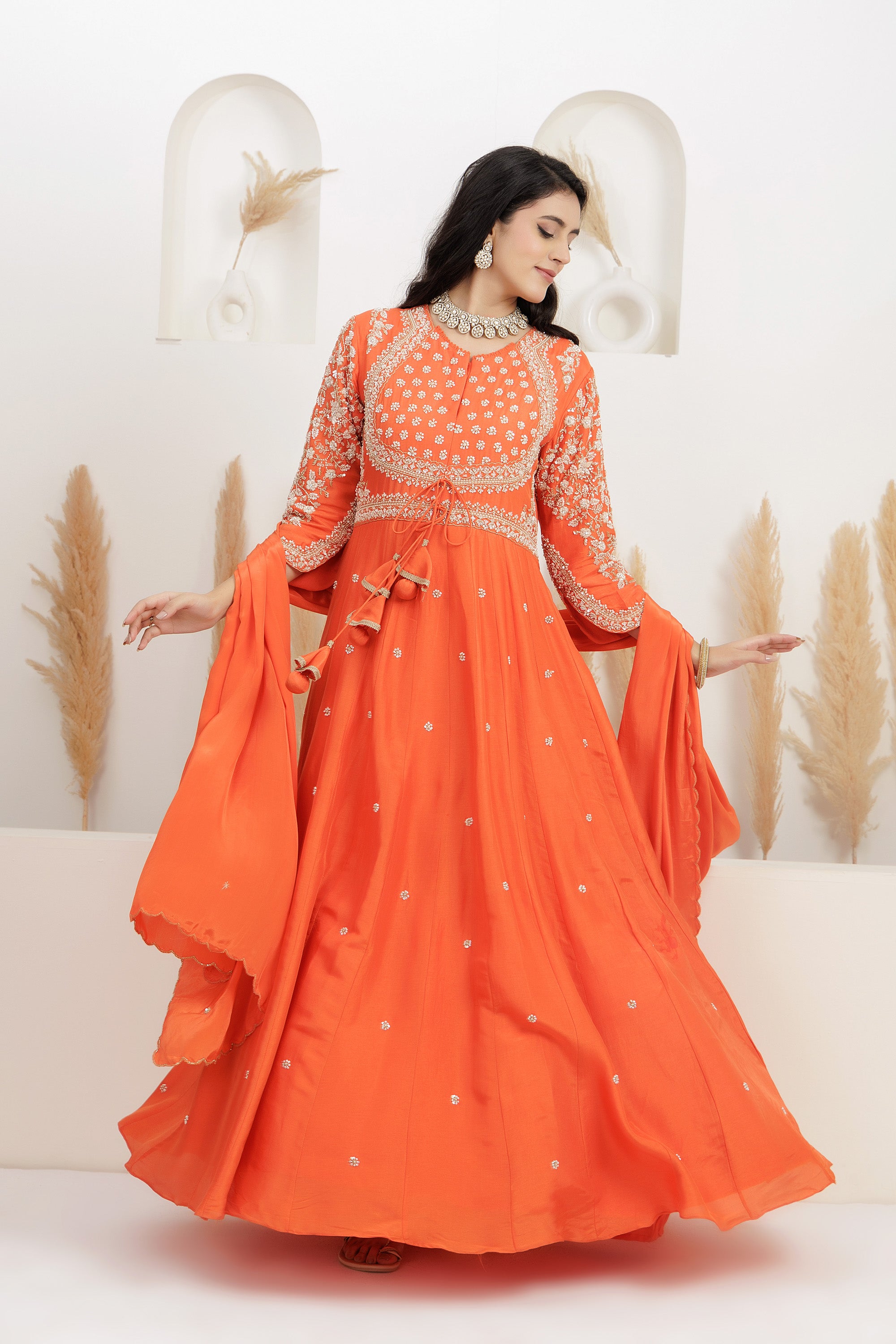Rust  Dupion Silk Embroidered Anarkali Suit with Dupatta.