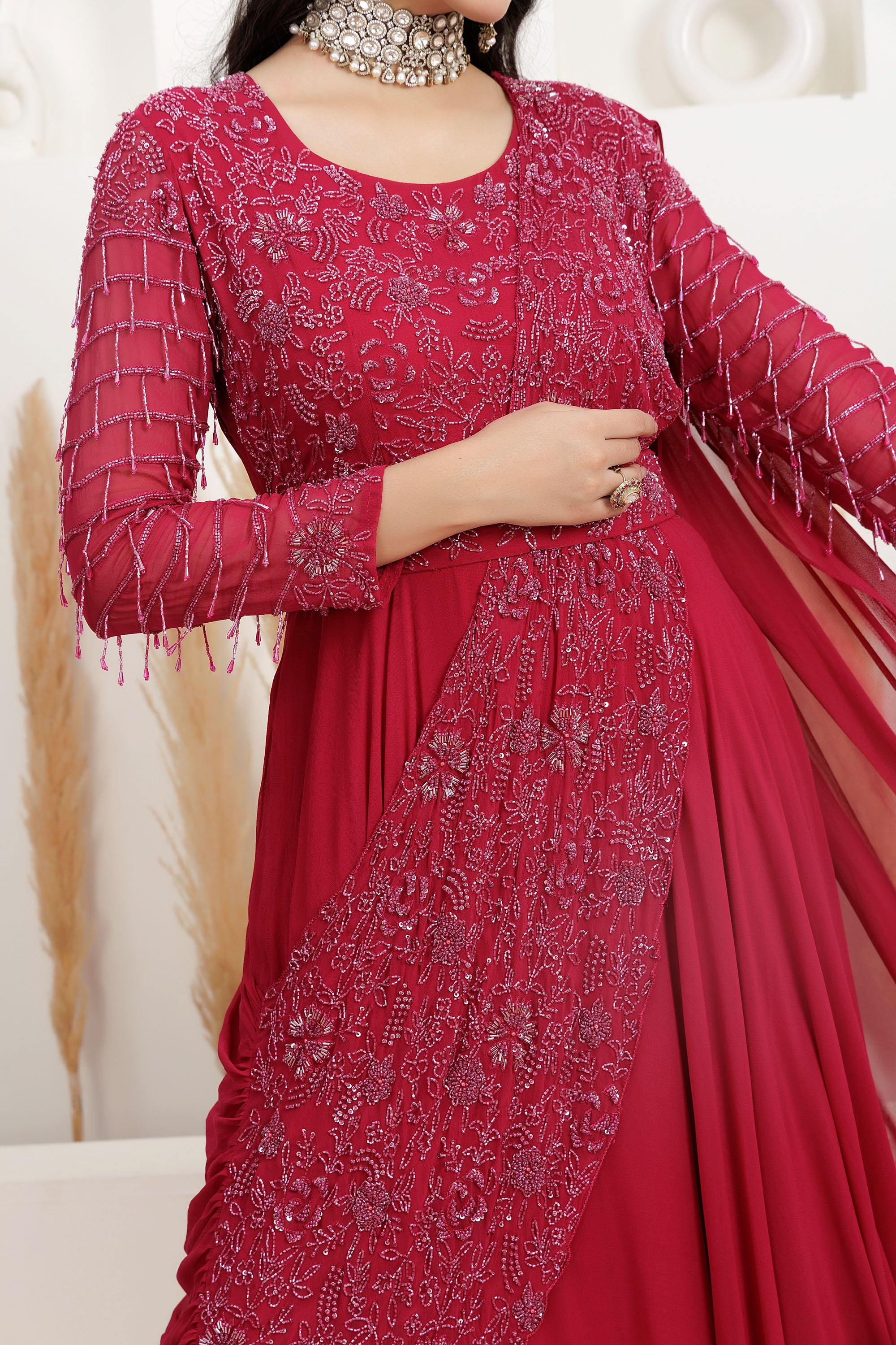 cherry red Georgette Sequins Embroidered Draped Gown Saree