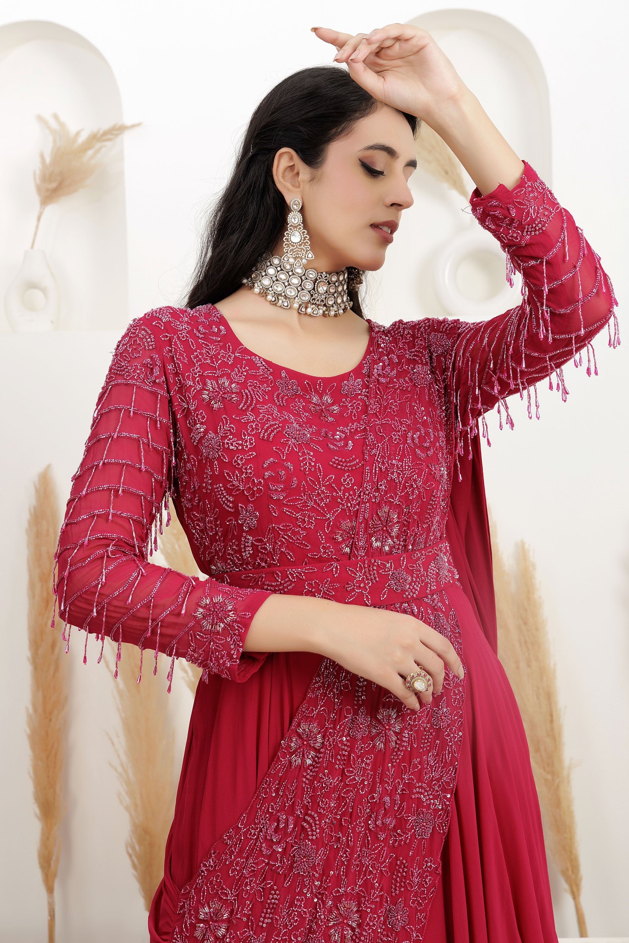 cherry red Georgette Sequins Embroidered Draped Gown Saree