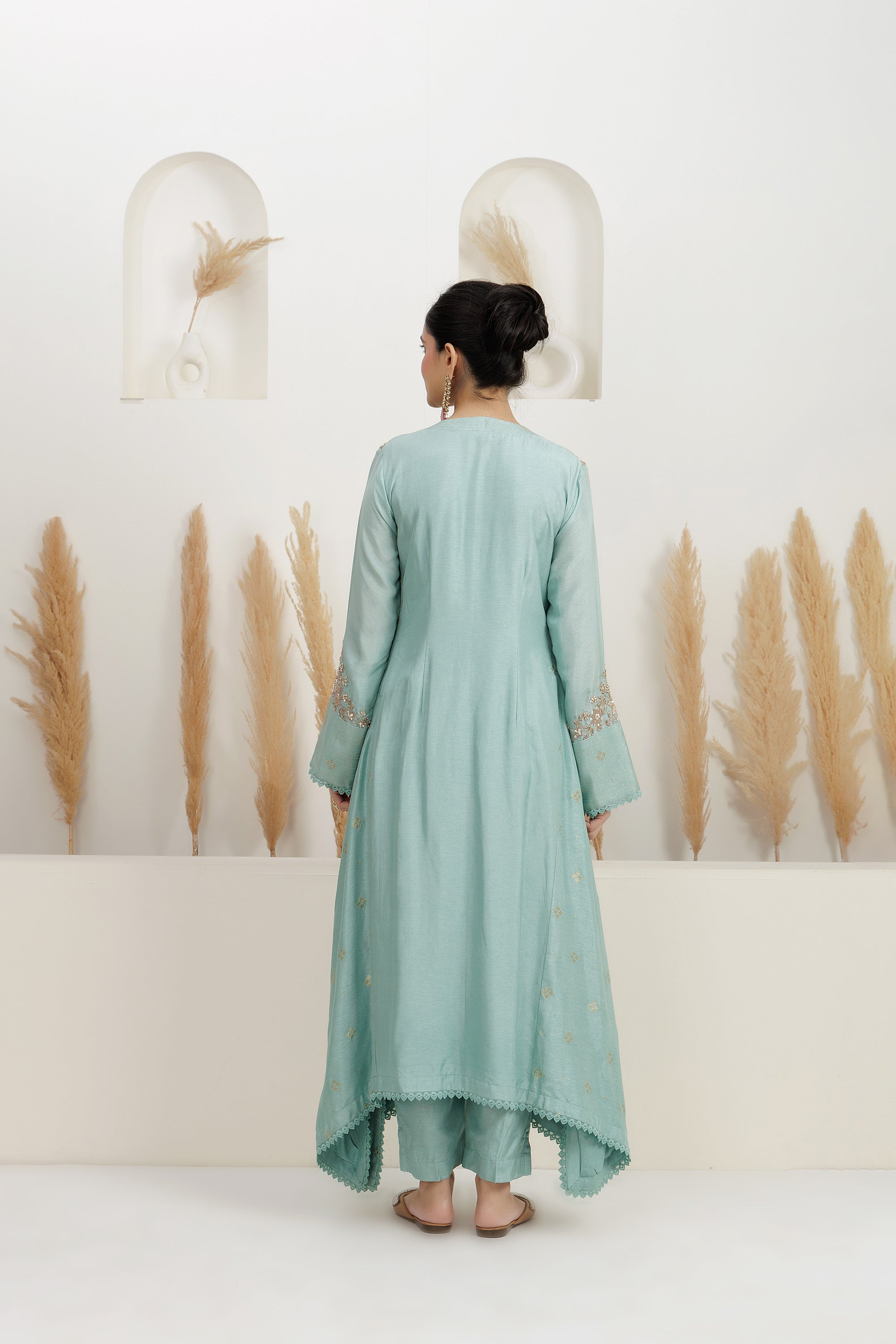 ice-blue bamber silk asymmetrical kurta with pants