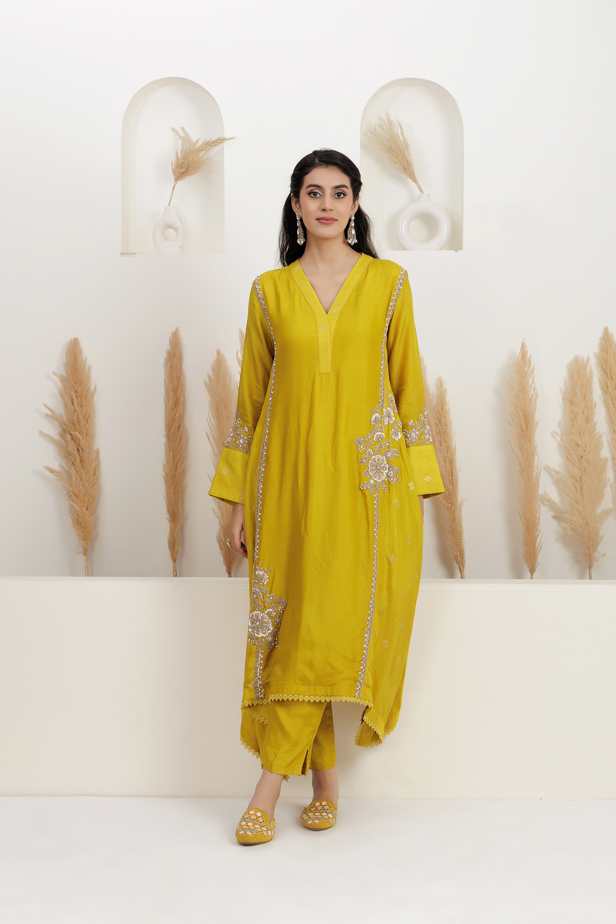 Mustard bamber silk asymmetrical kurta with pants