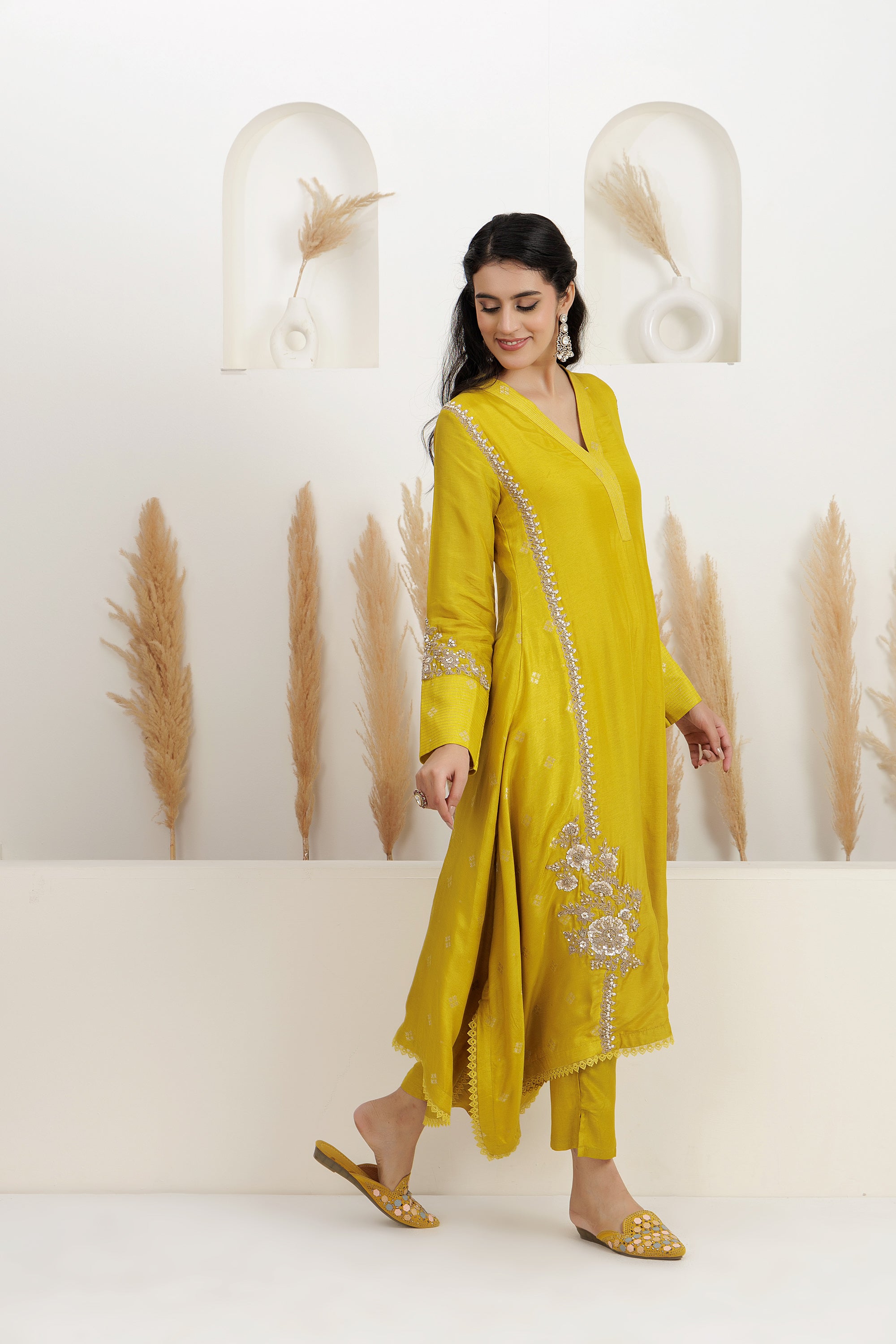 Mustard bamber silk asymmetrical kurta with pants
