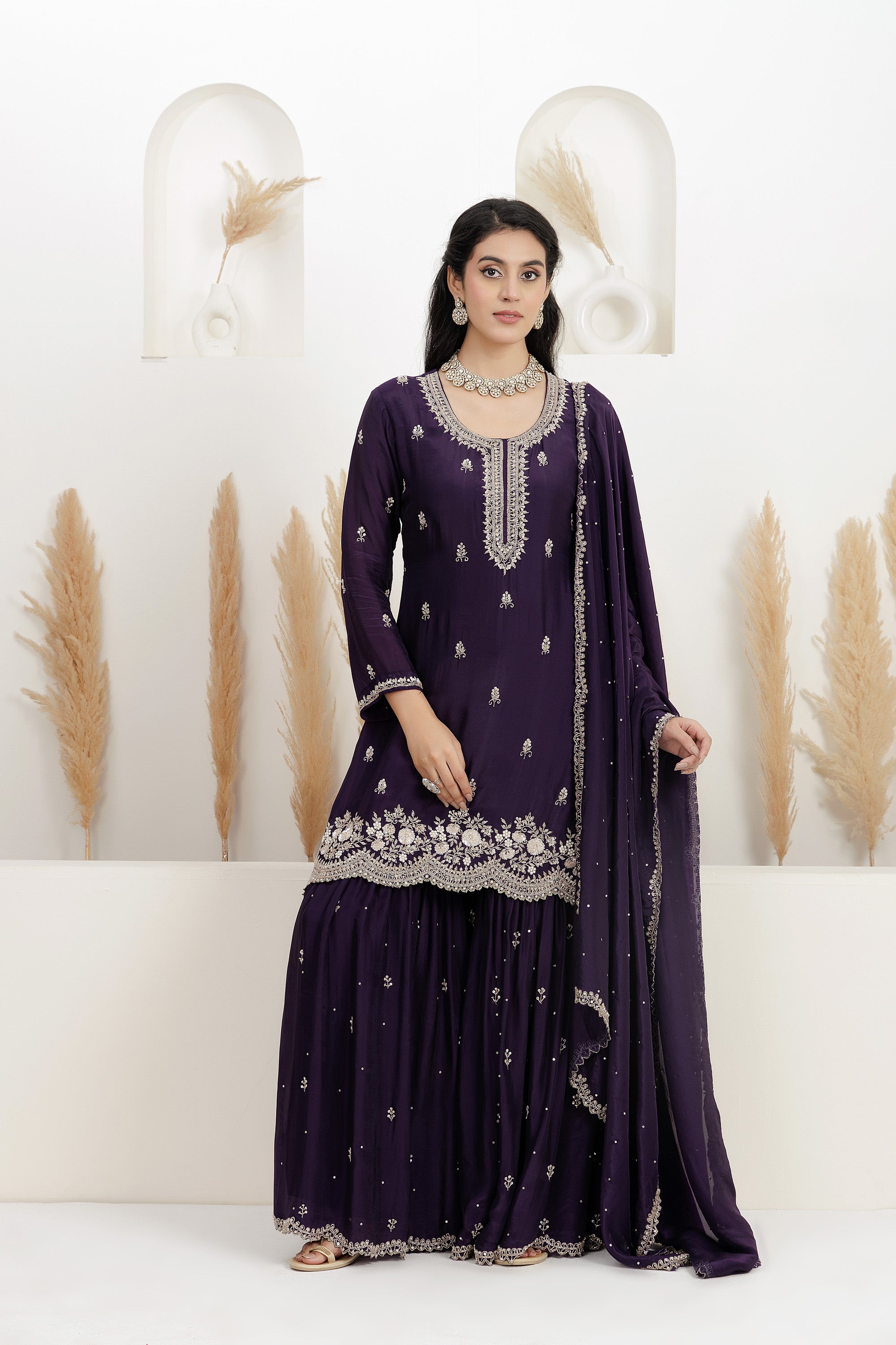 purple Satin Silk Sharara Set