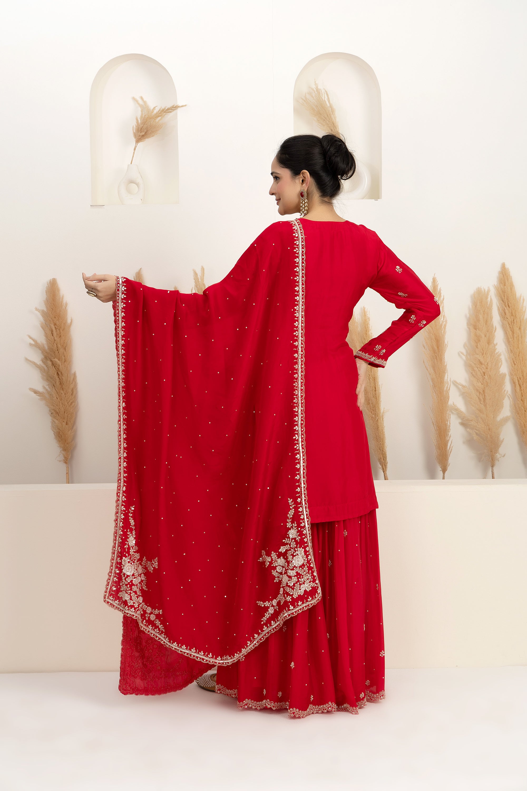 Red Satin Silk Sharara Set