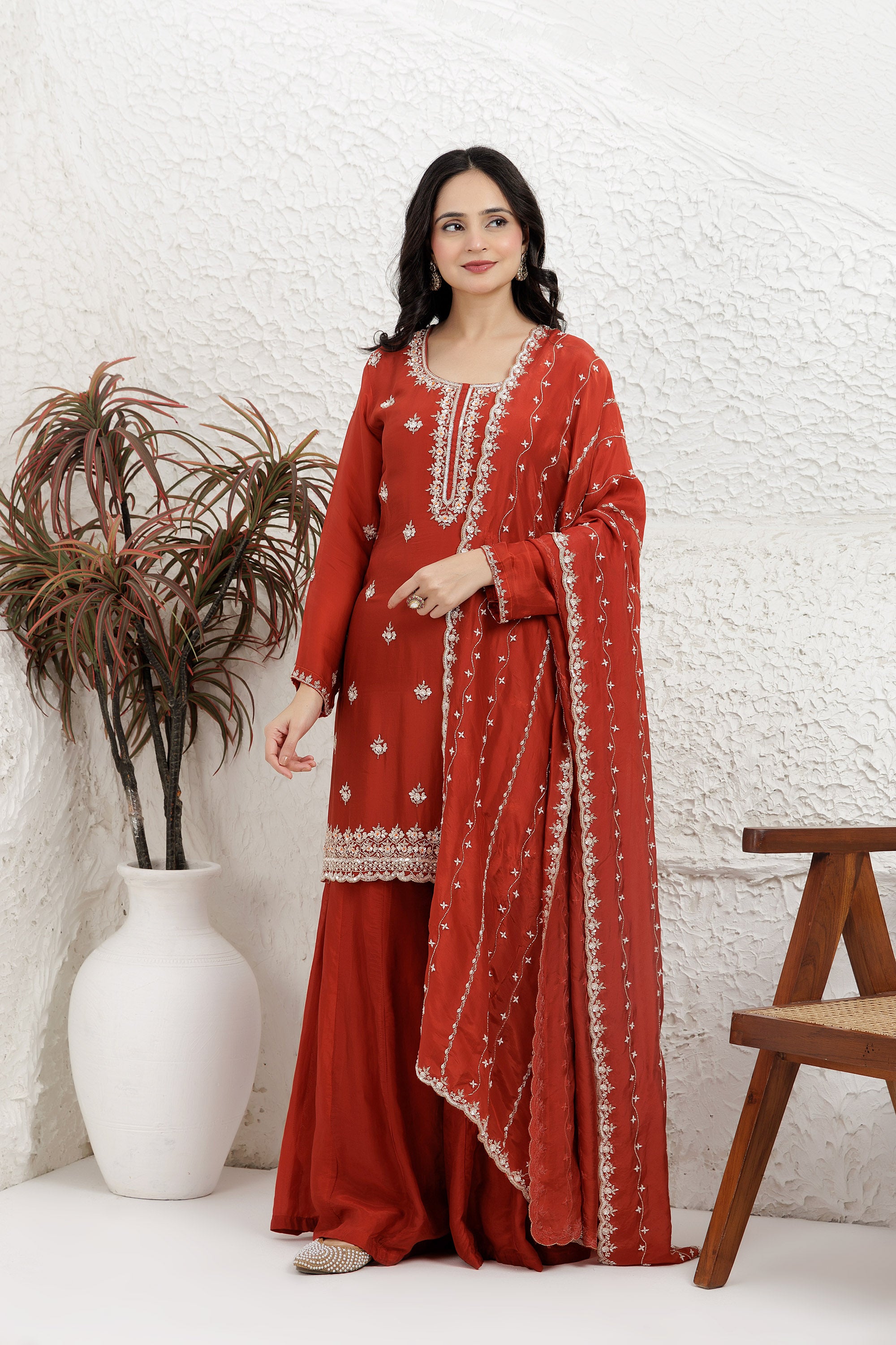 Deep rust Satin Silk Sharara Set
