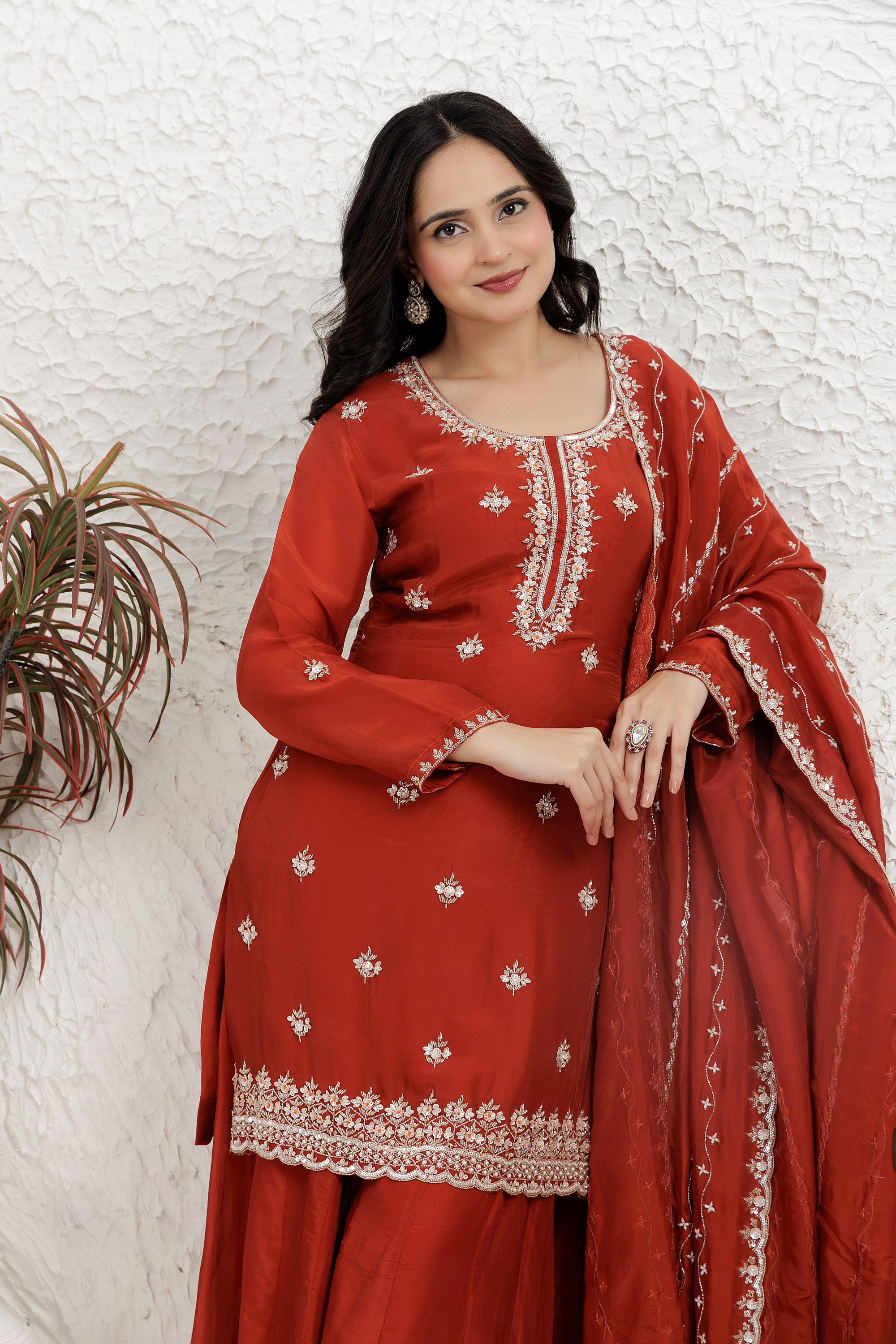 Deep rust Satin Silk Sharara Set