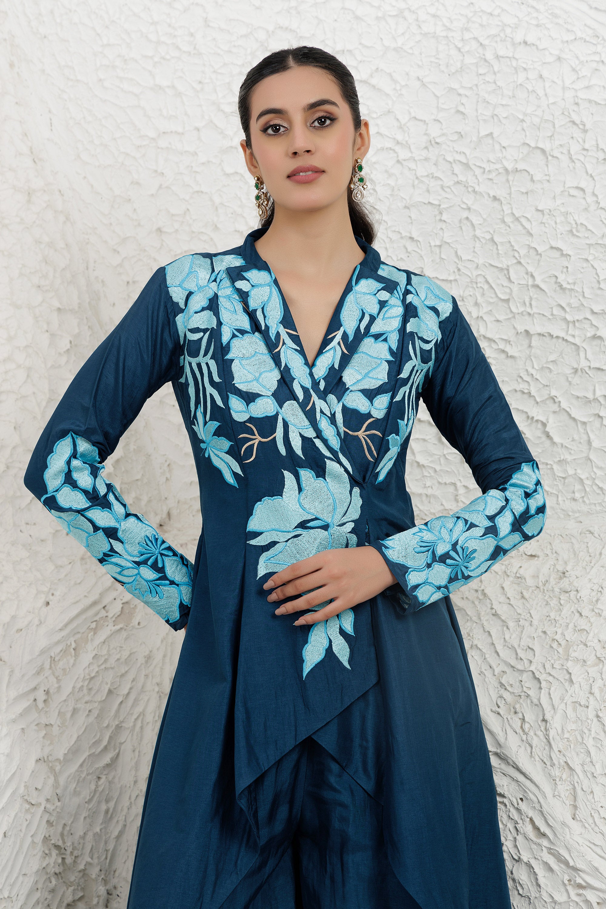 Blue Bemberg Silk Applique Embroidered high-low dress with palazzo Set