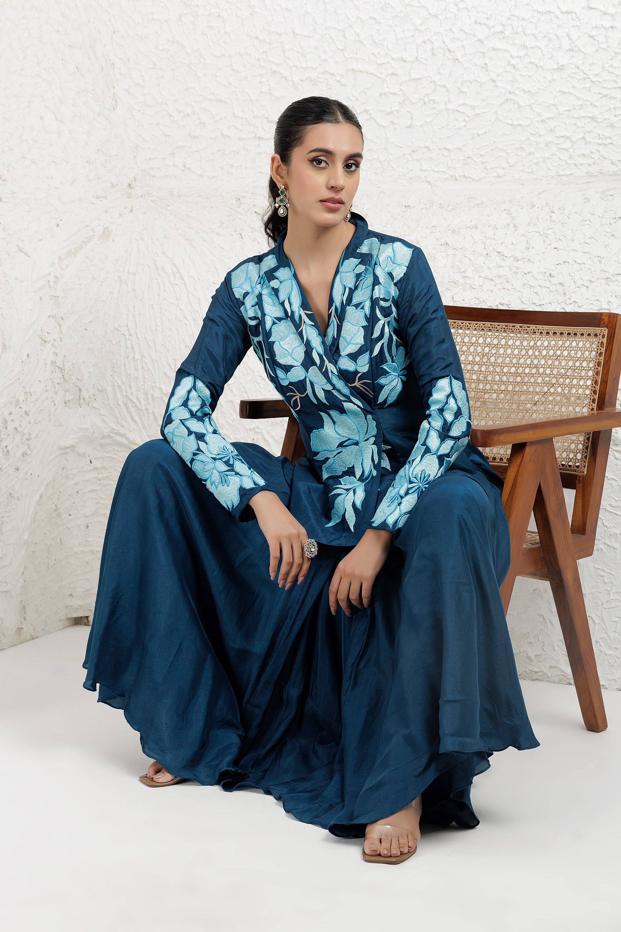 Blue Bemberg Silk Applique Embroidered high-low dress with palazzo Set