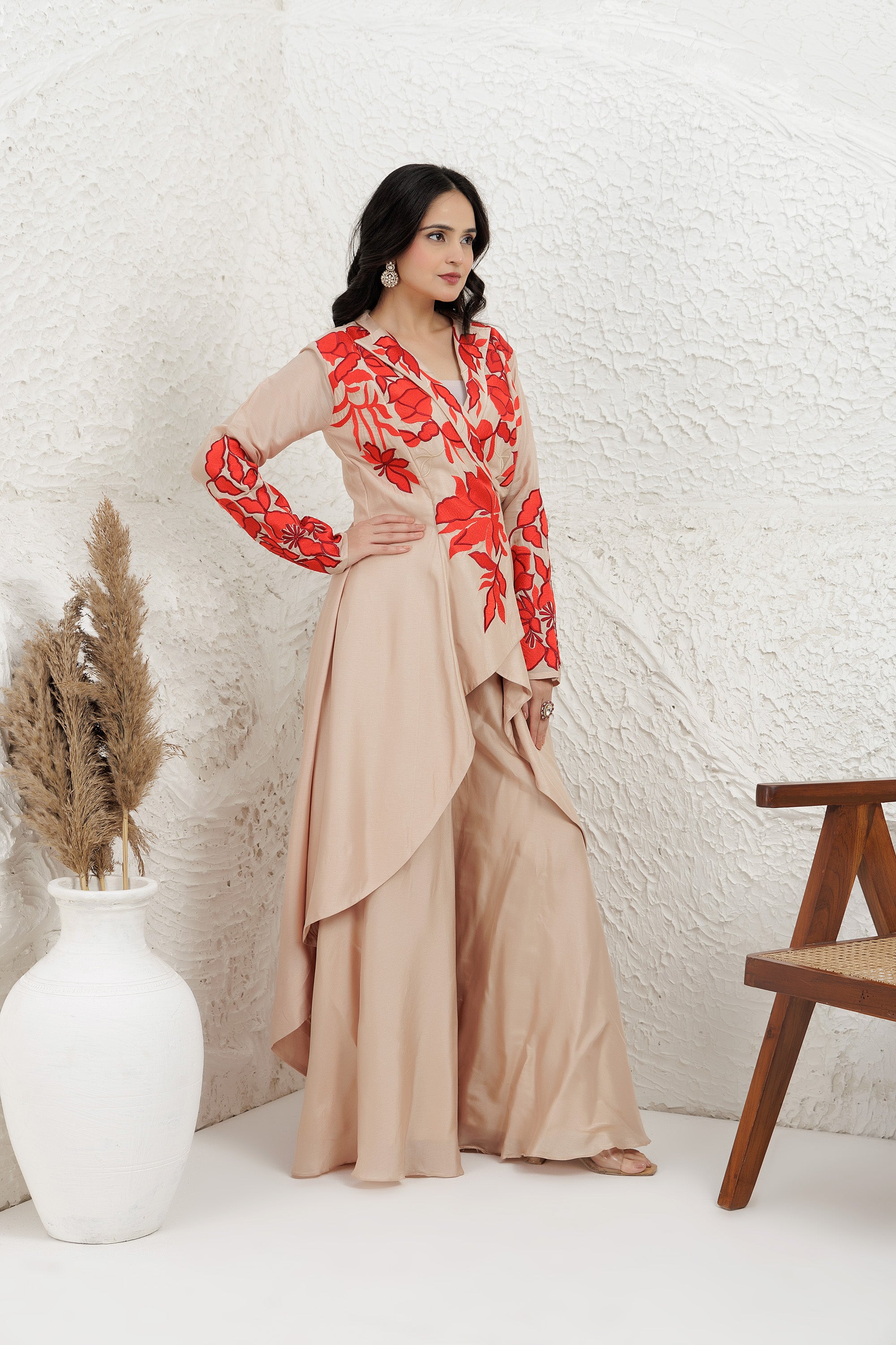 Beige Bemberg Silk Applique Embroidered high-low dress with palazzo Set