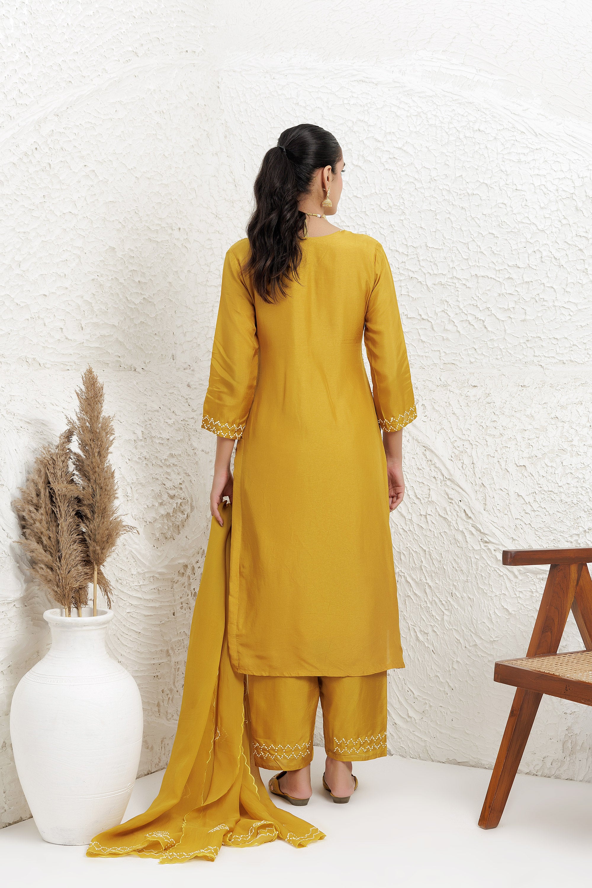 Mustard Russian silk Hand french knot Embroidered Kurta Set