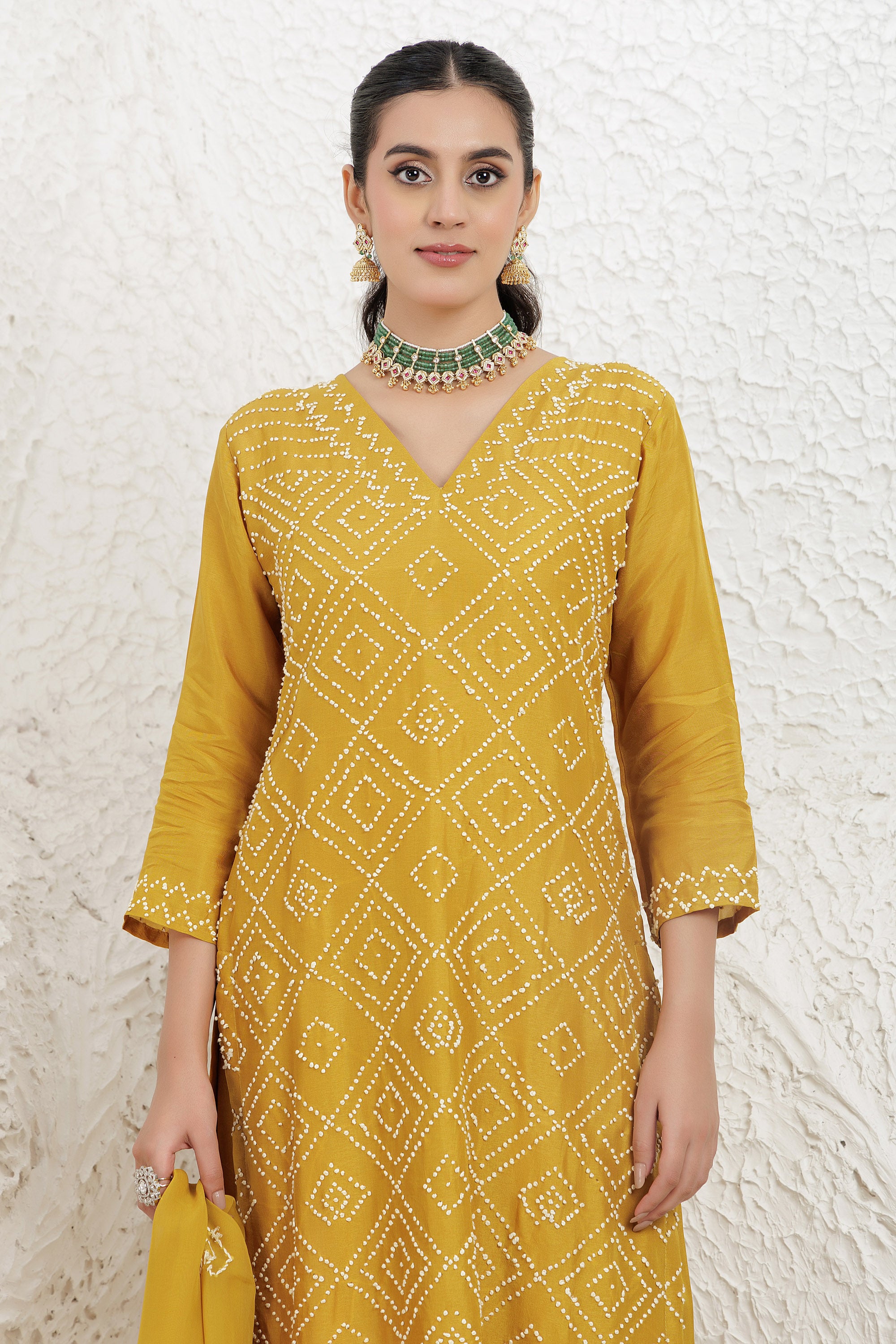 Mustard Russian silk Hand french knot Embroidered Kurta Set