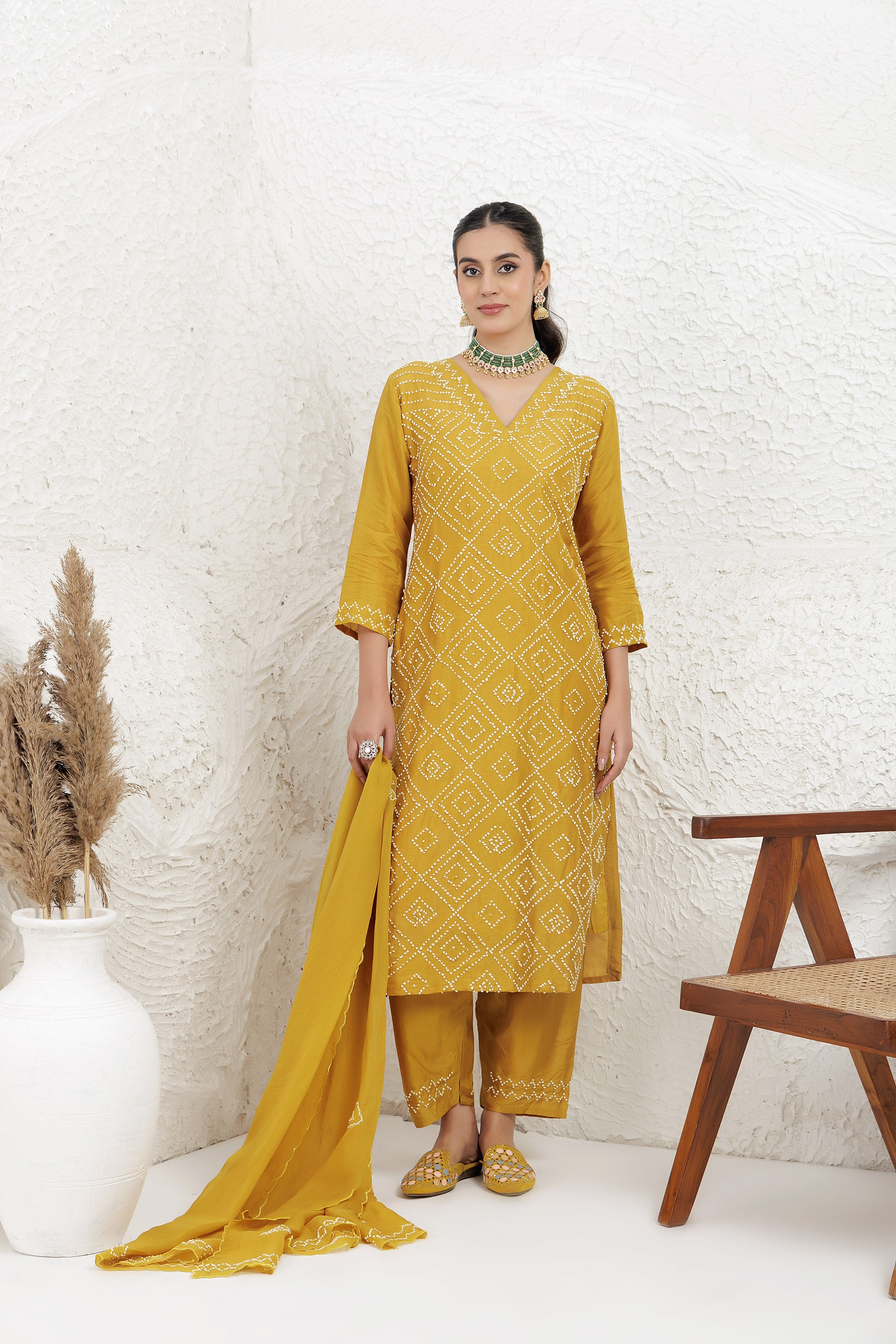 Mustard Russian silk Hand french knot Embroidered Kurta Set