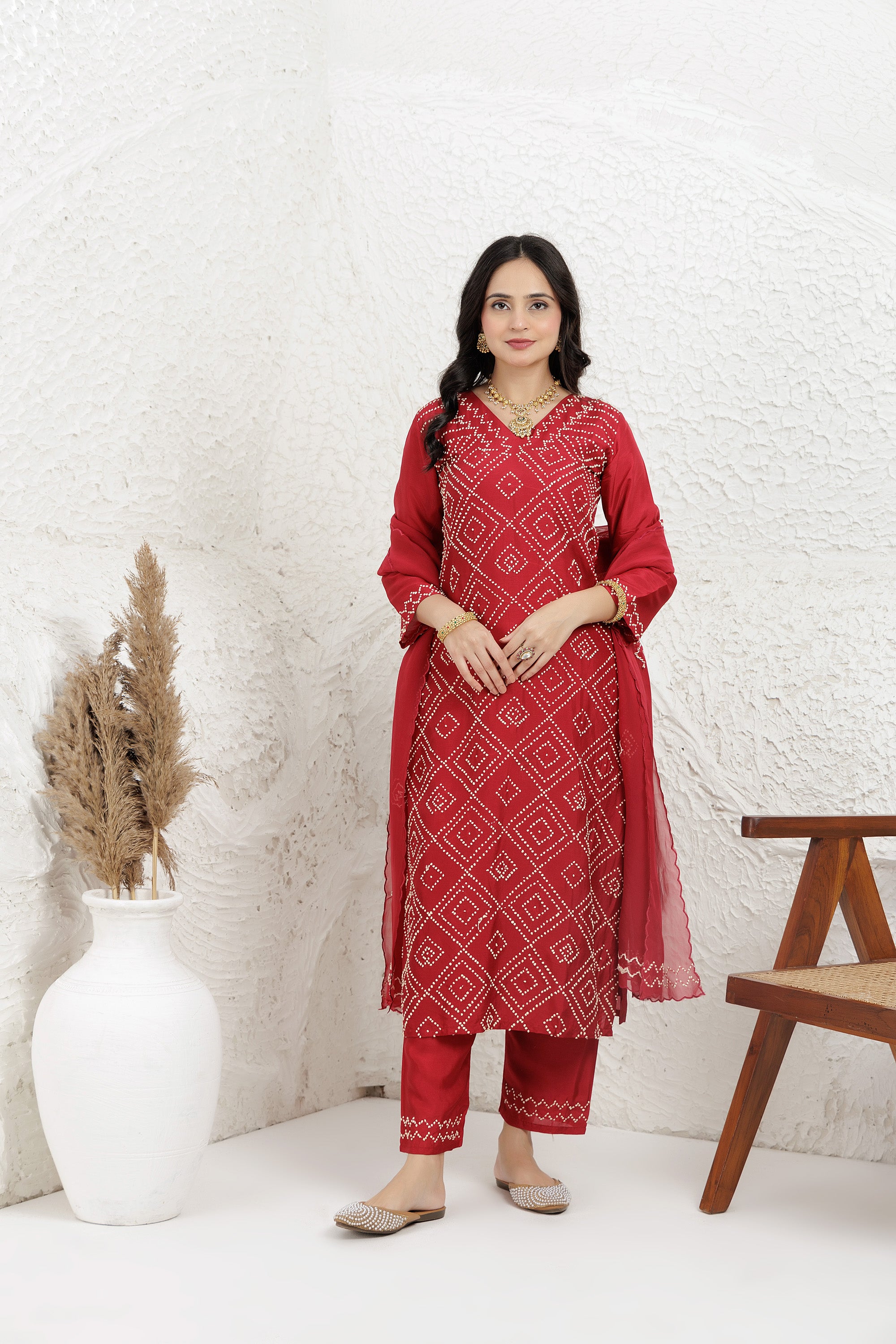 Red Russian silk  Hand french knot Embroidered Kurta Set