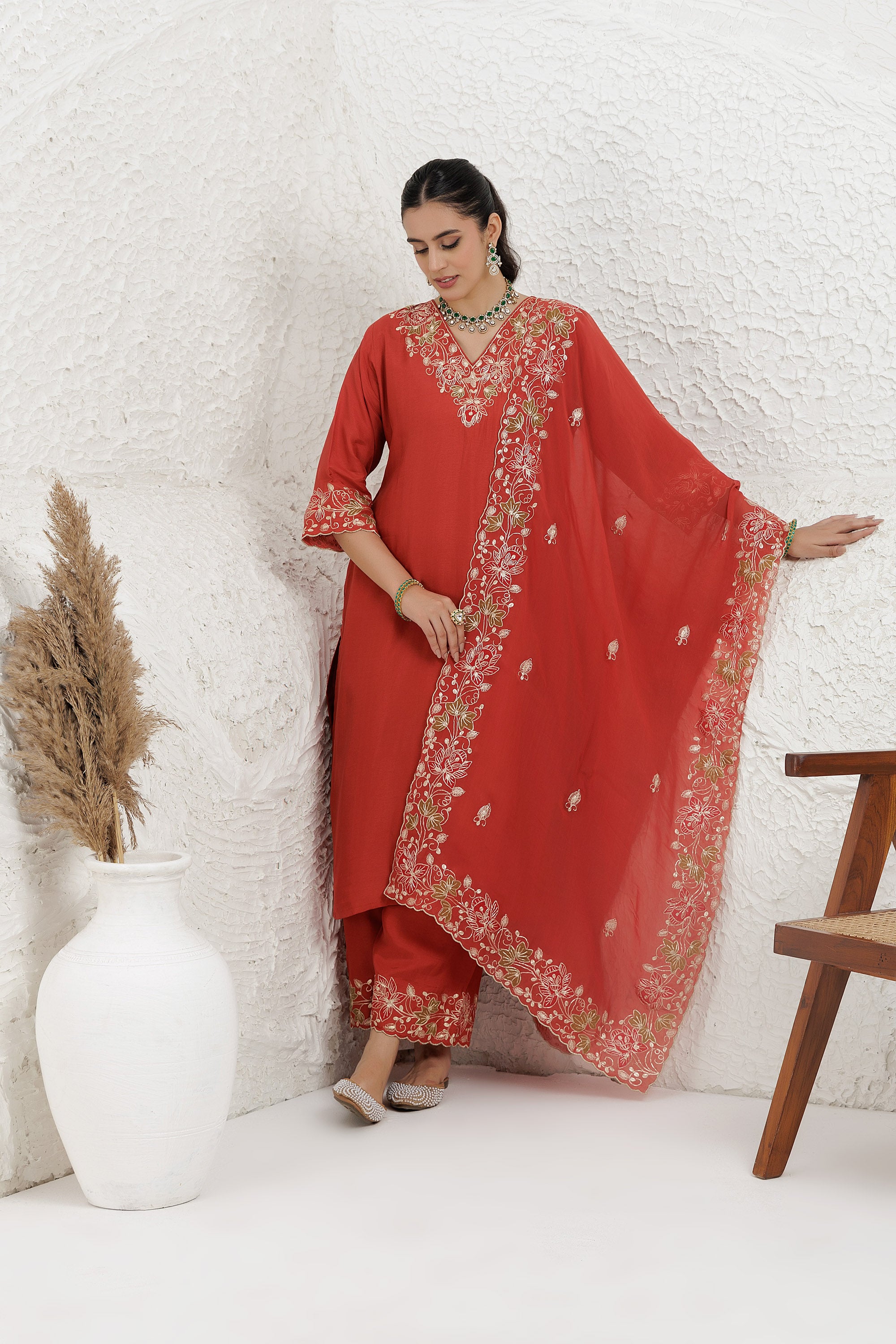 Rust Russian Applique Work Kurta Set