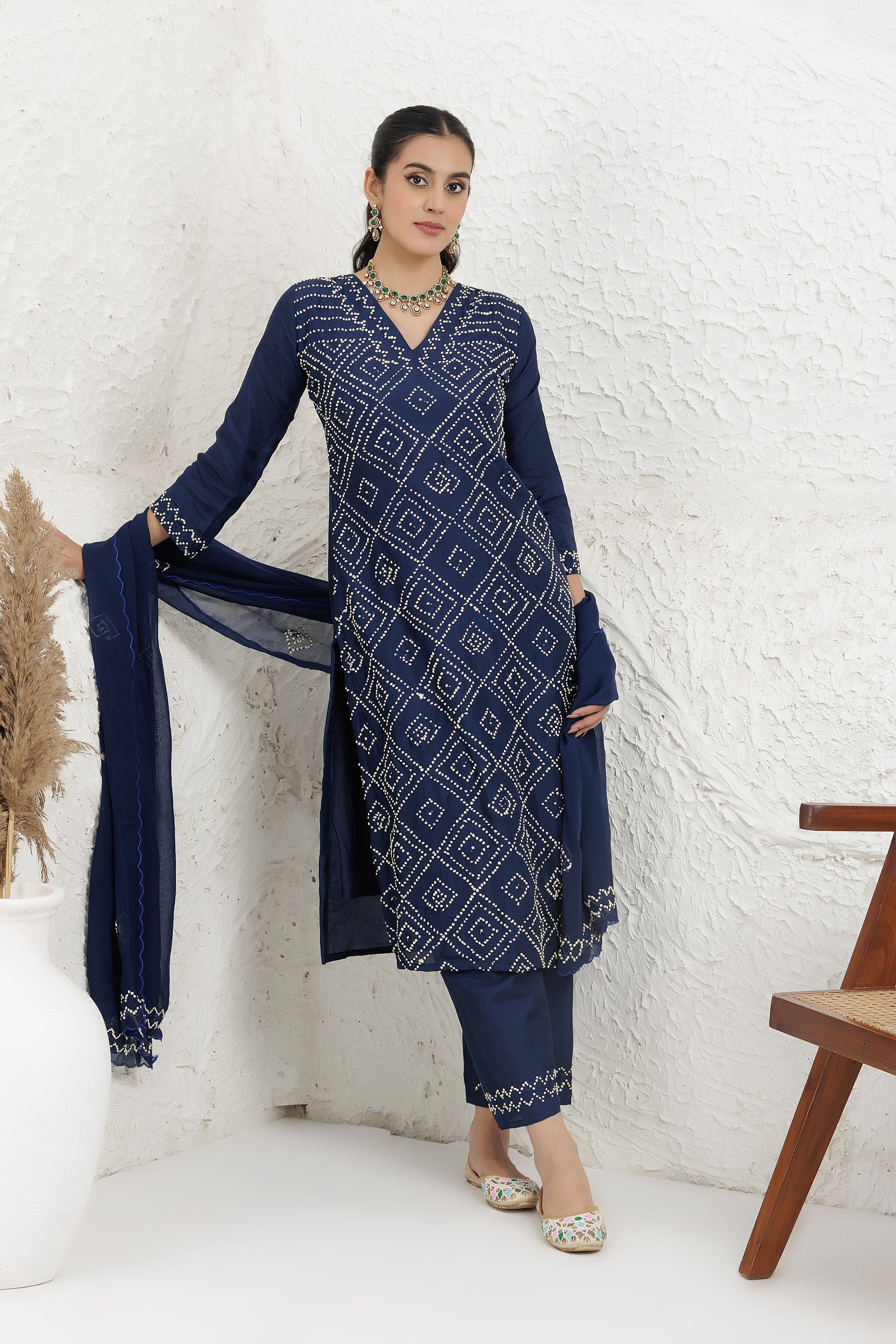 Blue russian silk Hand french knot Embroidered Kurta Set