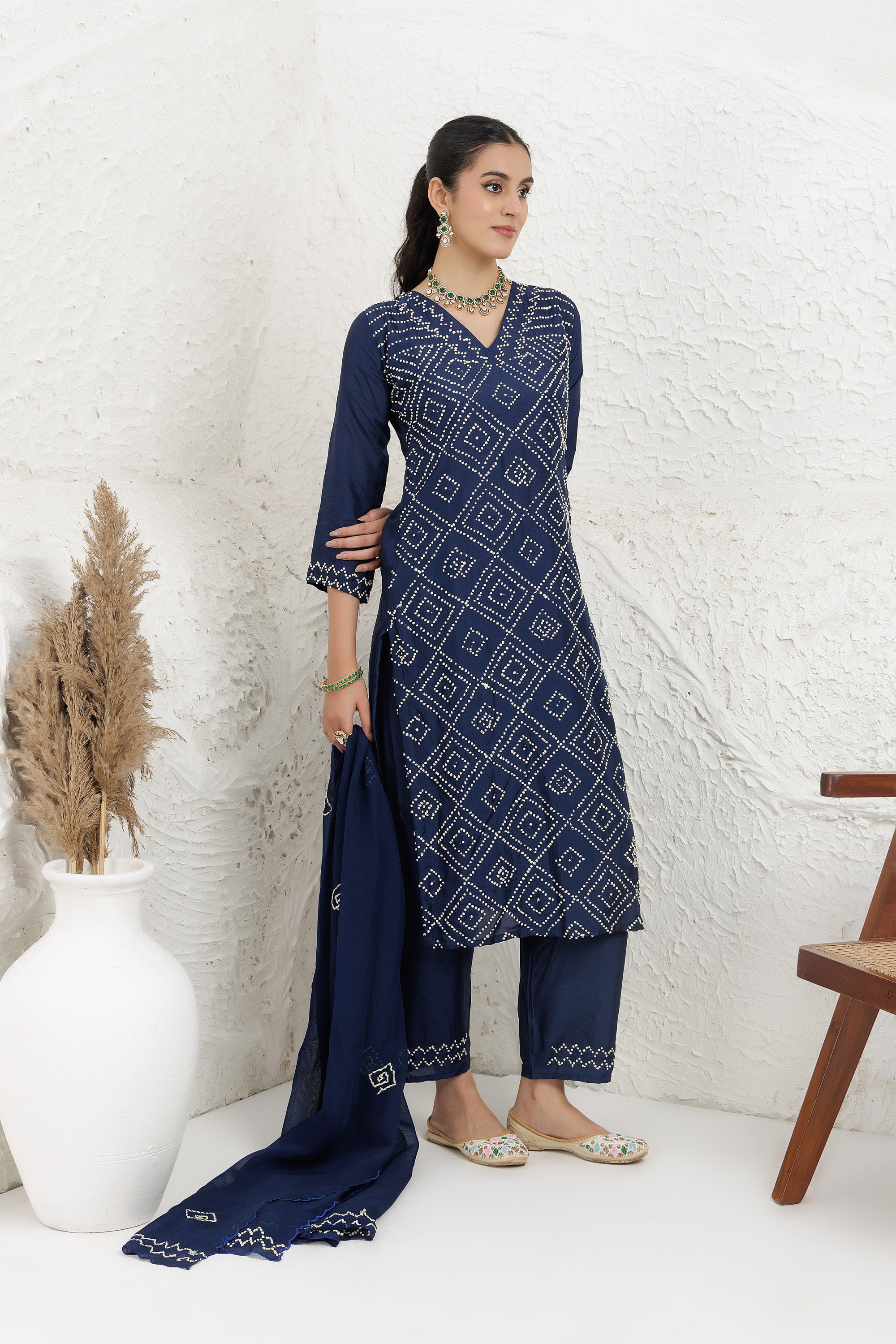 Blue russian silk Hand french knot Embroidered Kurta Set