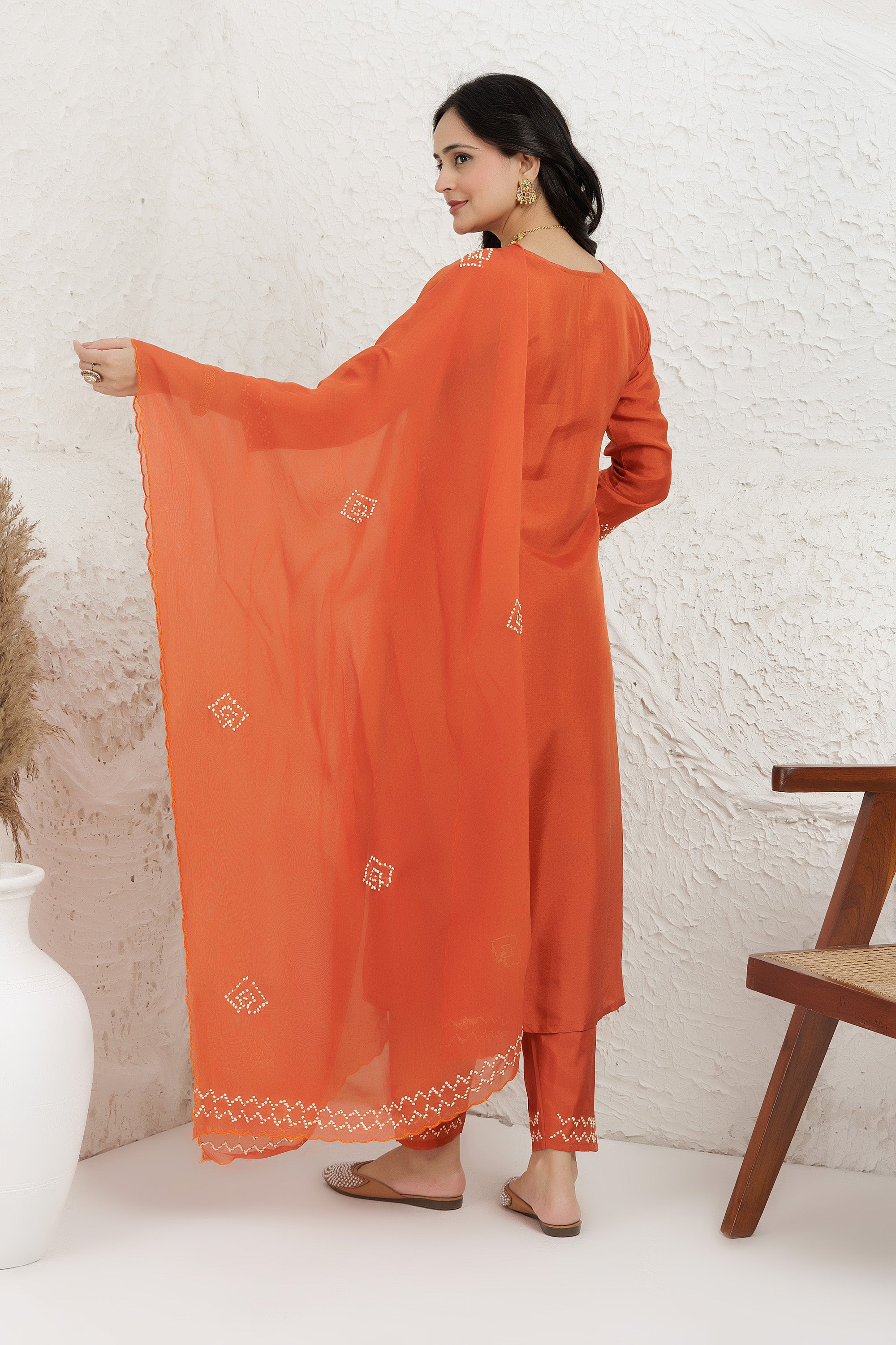 Rust Russian silk Hand french knot Embroidered Kurta Set