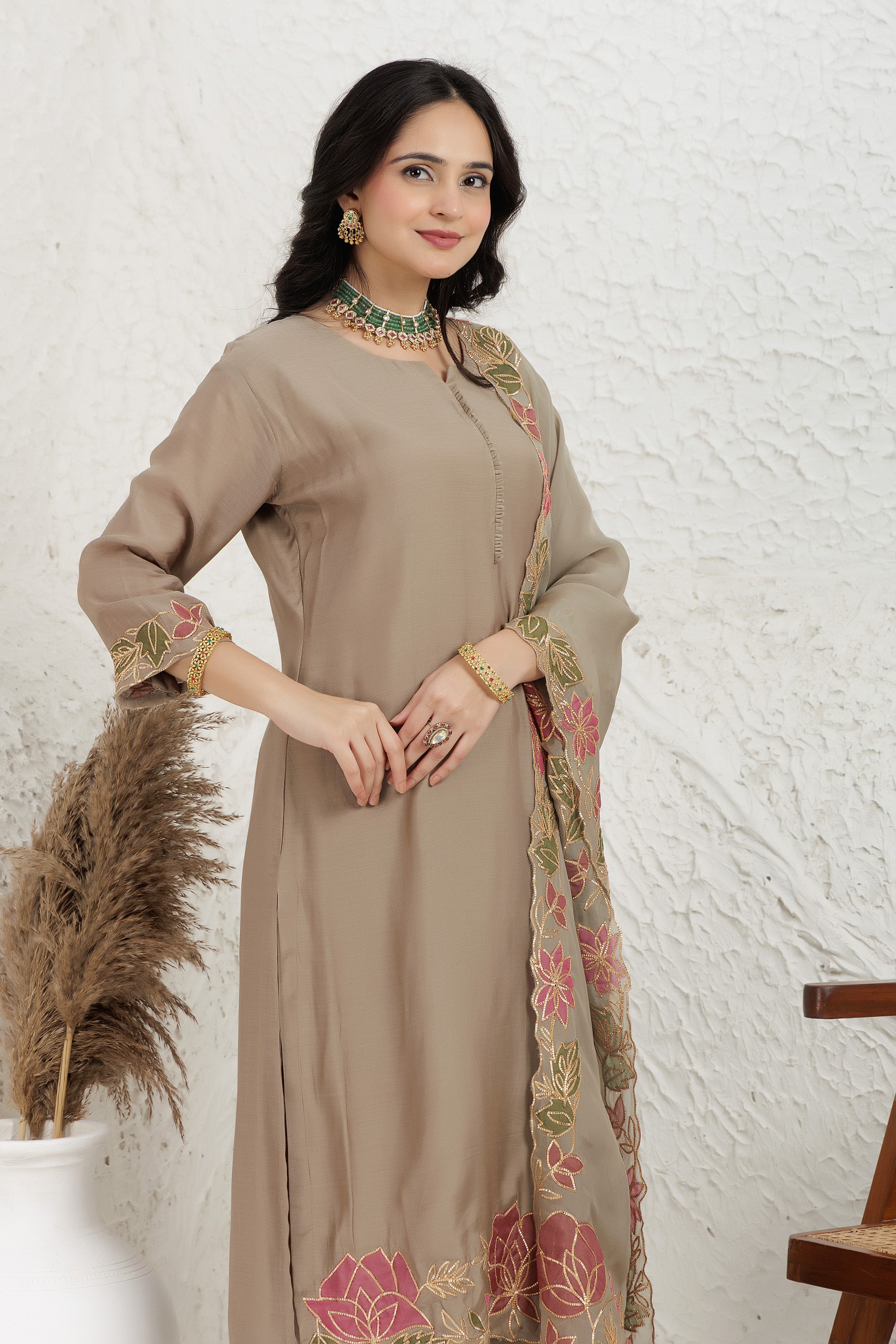 Sage Green Silk Muslin Applique Work Kurta Set