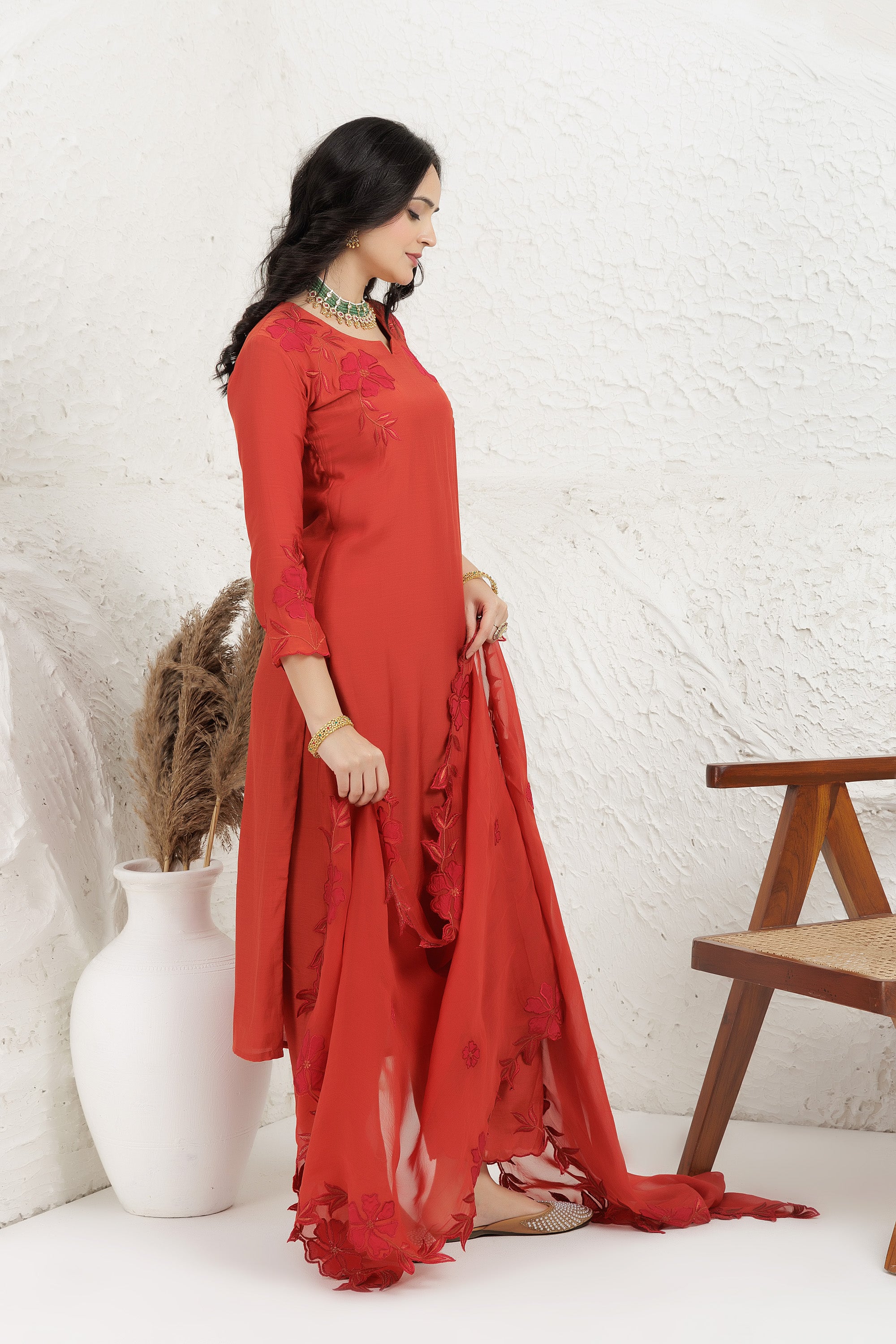 Rust silk muslin Applique Work Kurta Set