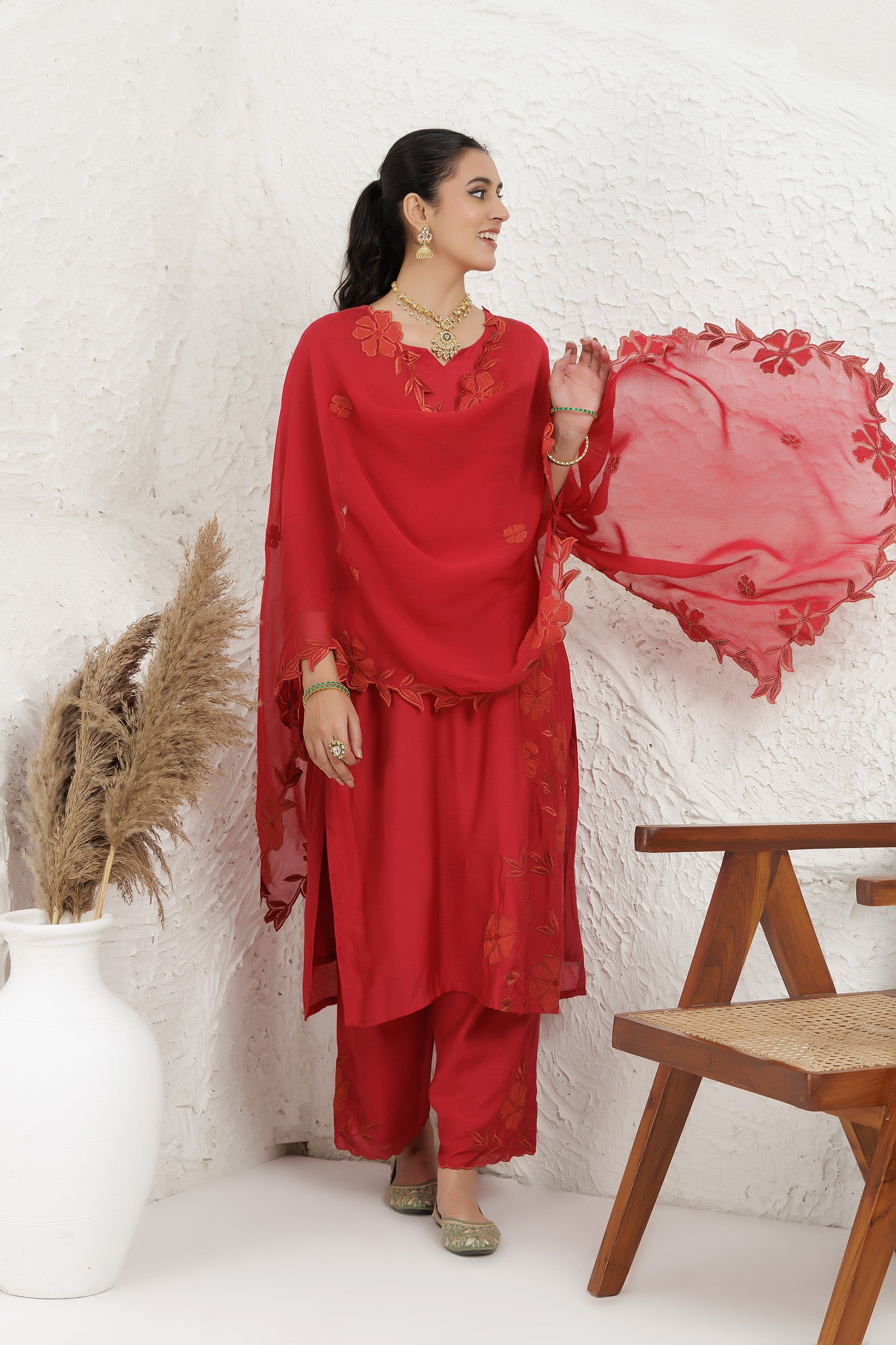 Red silk muslin Applique Work Kurta Set