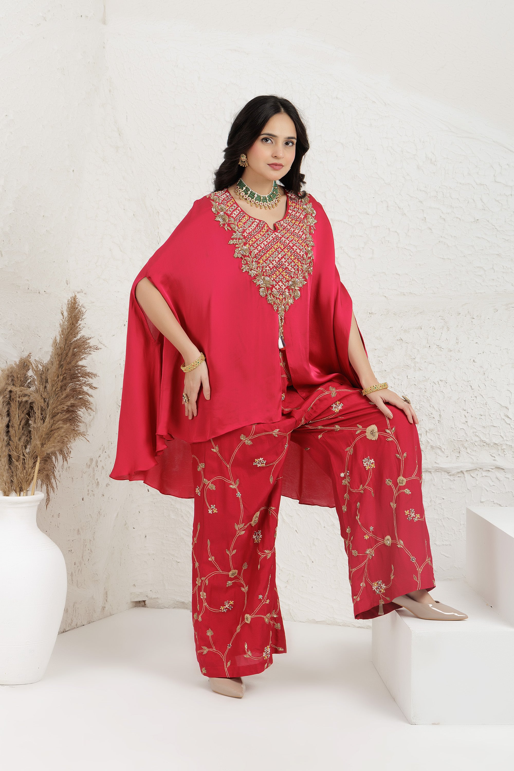 red fuchsia crop-top with embroidered bamber silk palazzo Cape Set.