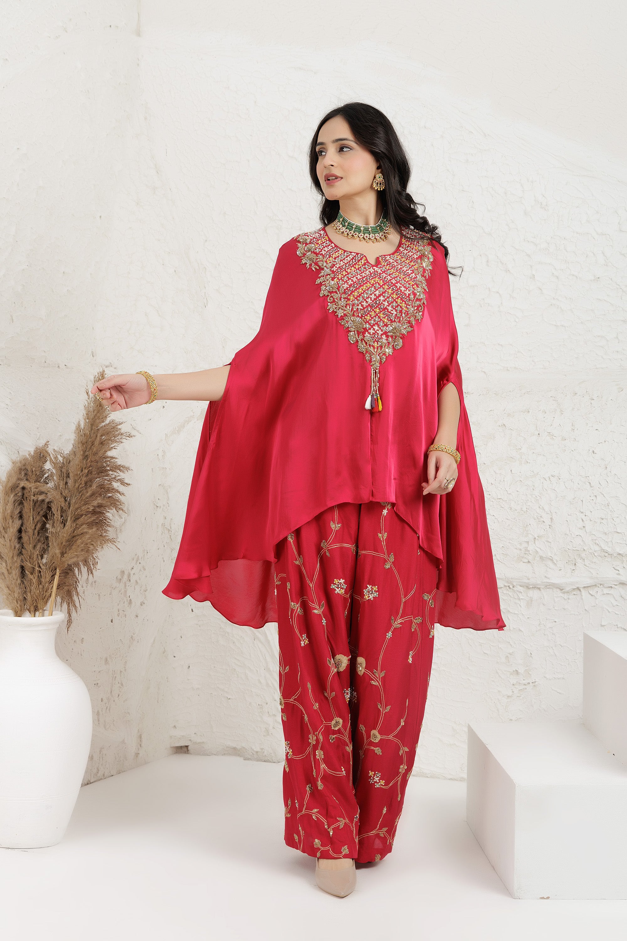 red fuchsia crop-top with embroidered bamber silk palazzo Cape Set.