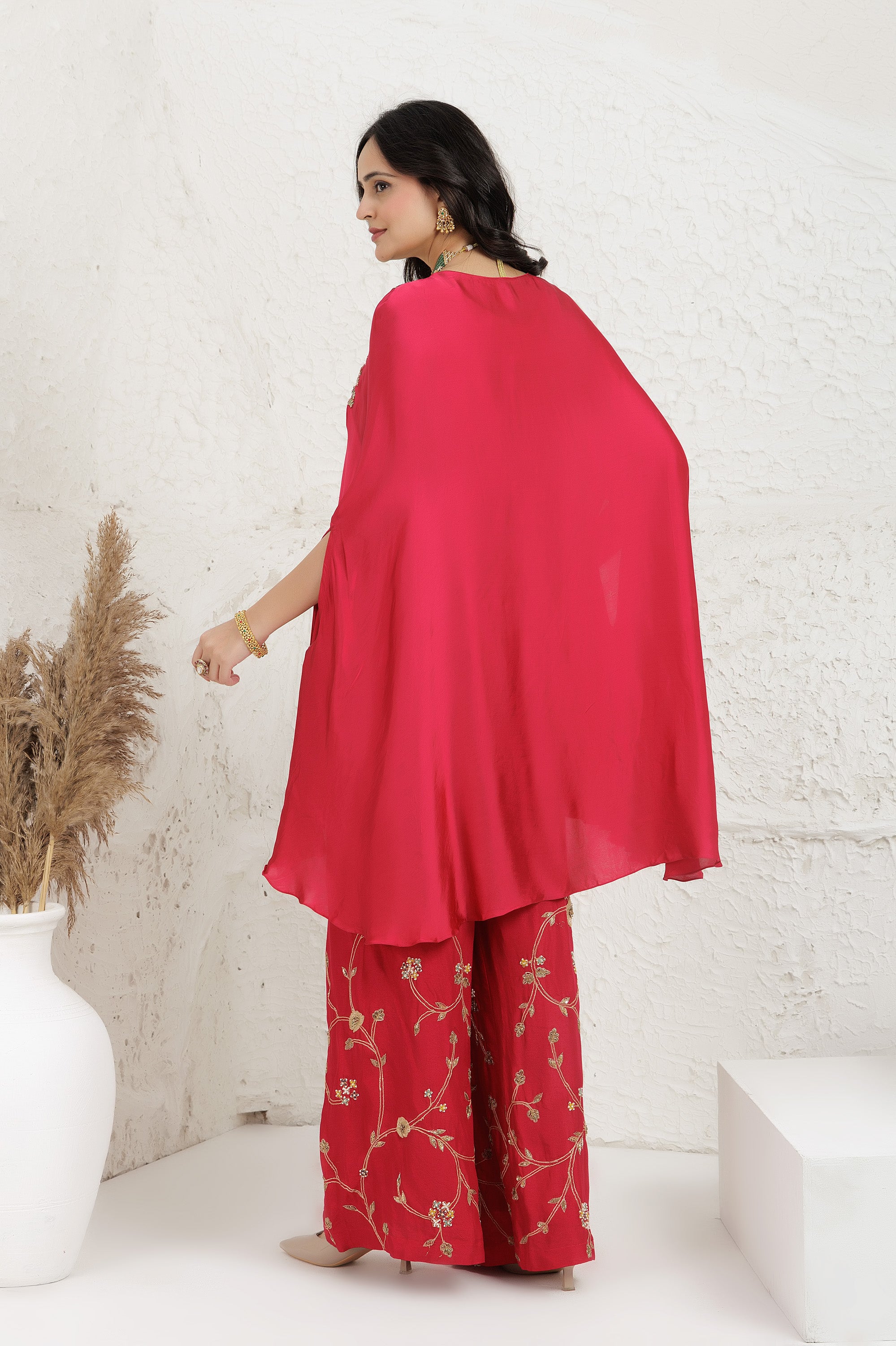 red fuchsia crop-top with embroidered bamber silk palazzo Cape Set.