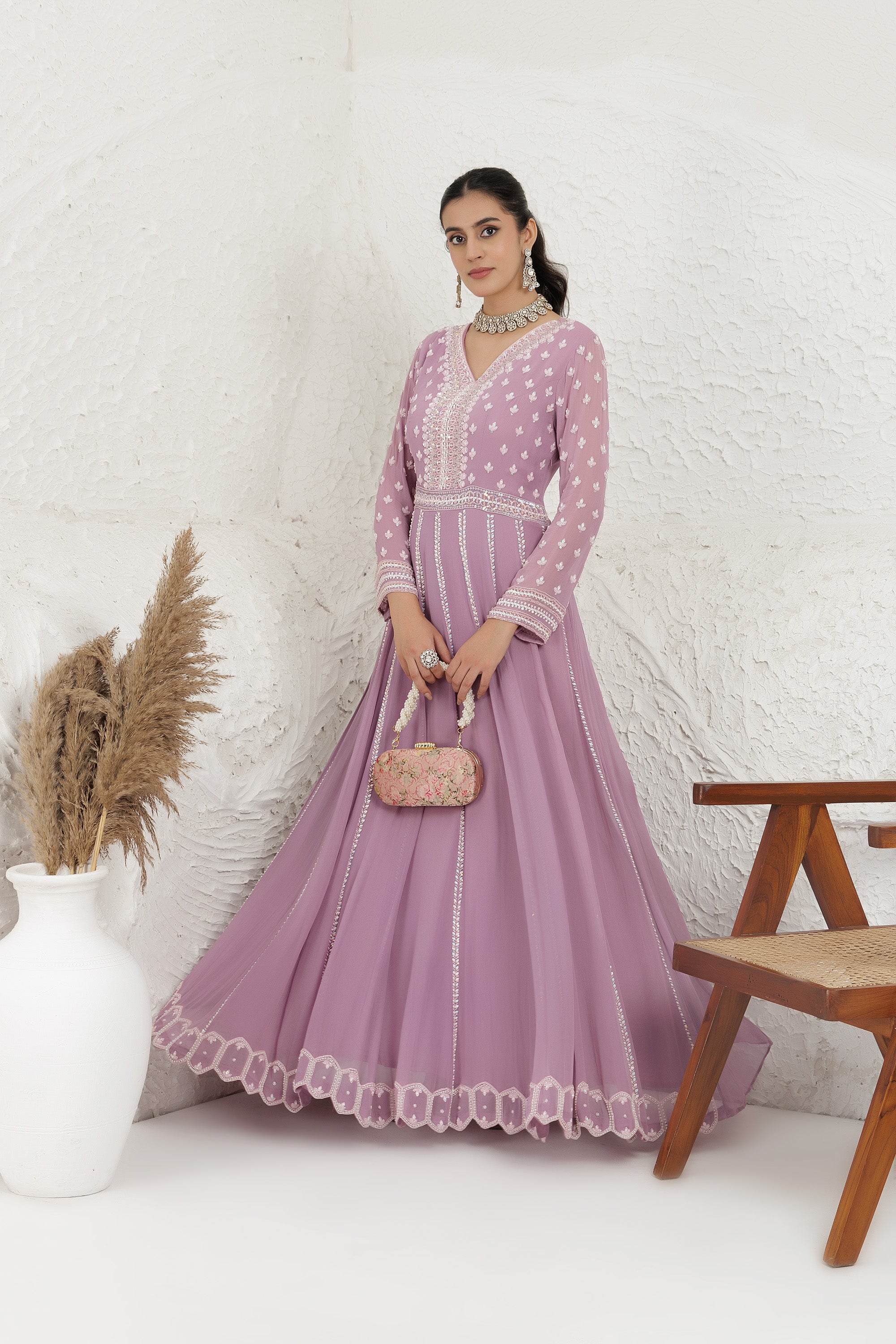 Levender Georgette Embroidered Gown .