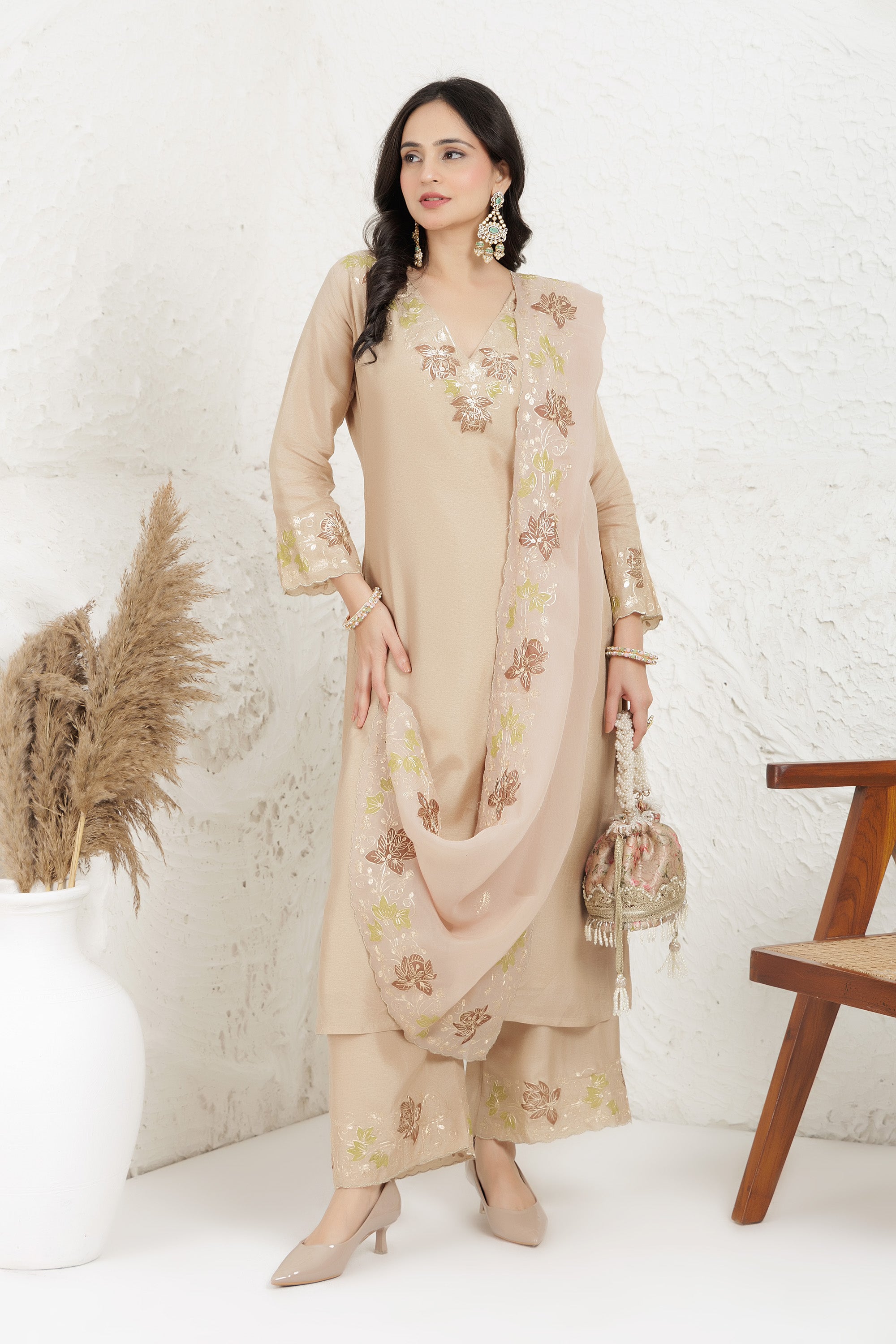 Beige Russian silk  Applique Work Kurta Set