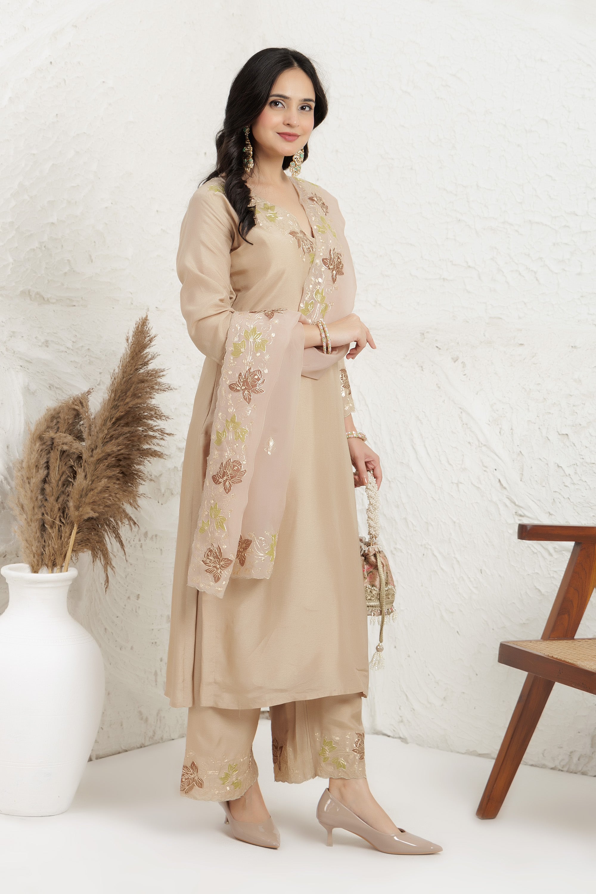 Beige Russian silk  Applique Work Kurta Set