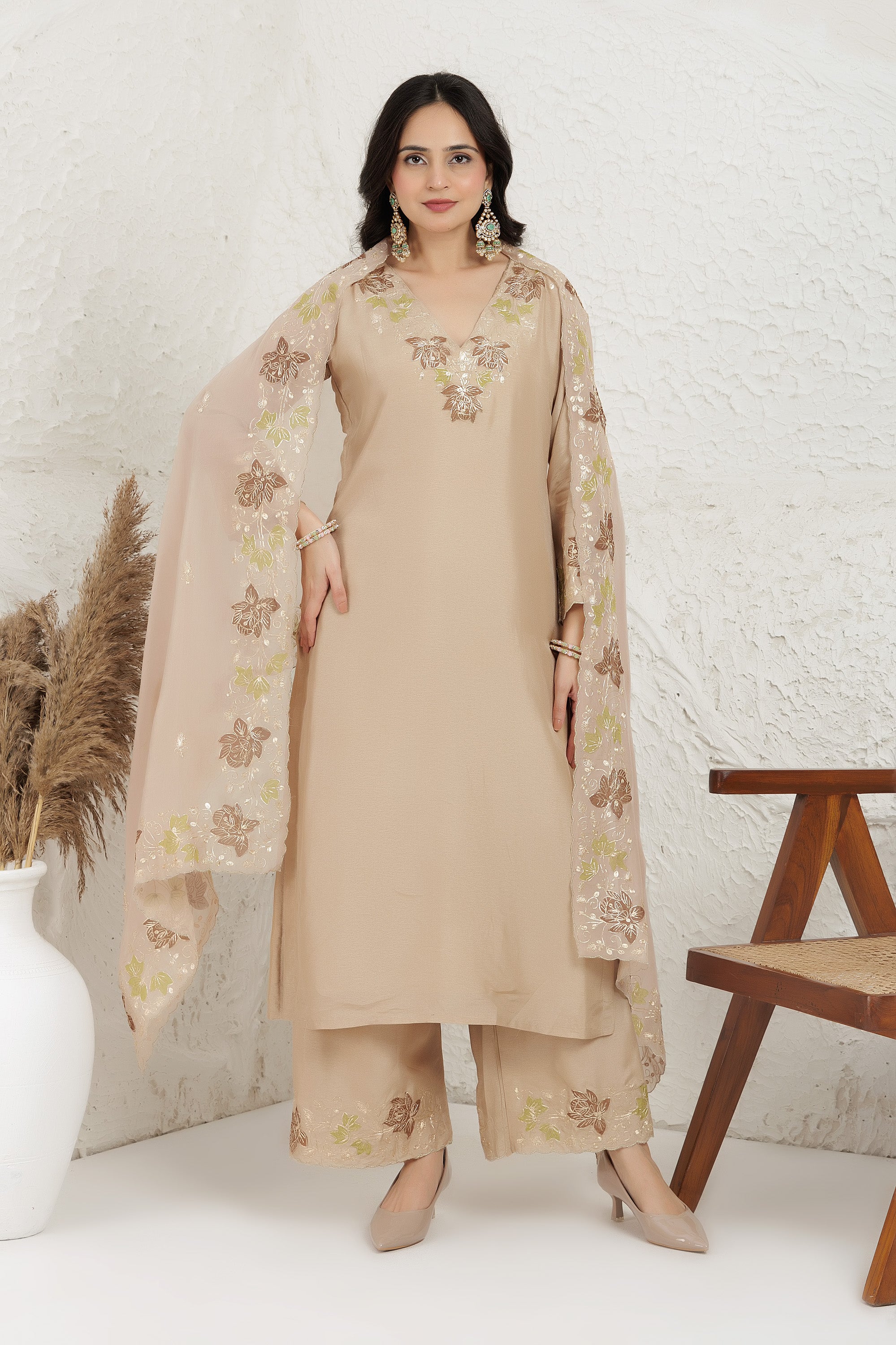 Beige Russian silk  Applique Work Kurta Set