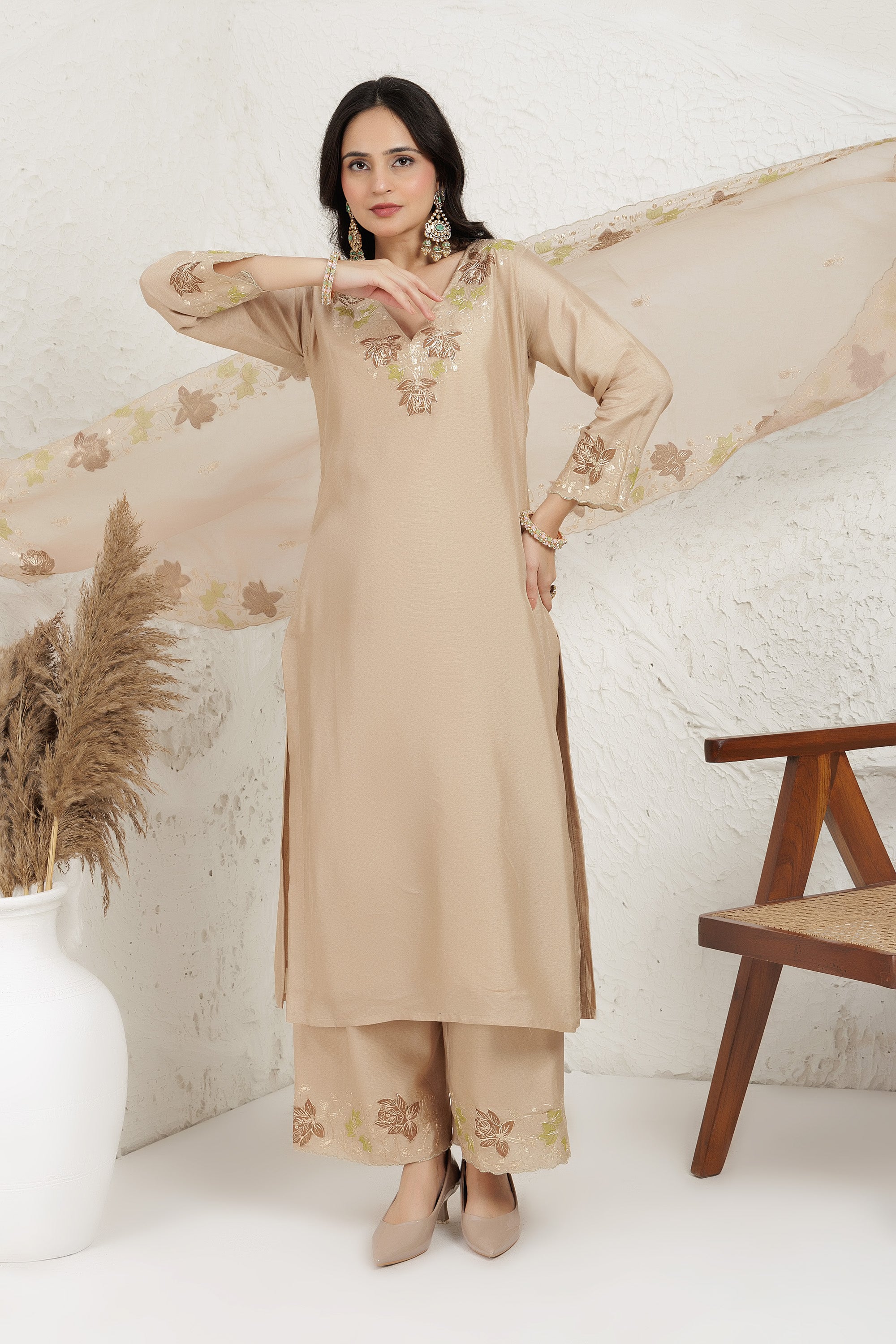 Beige Russian silk  Applique Work Kurta Set