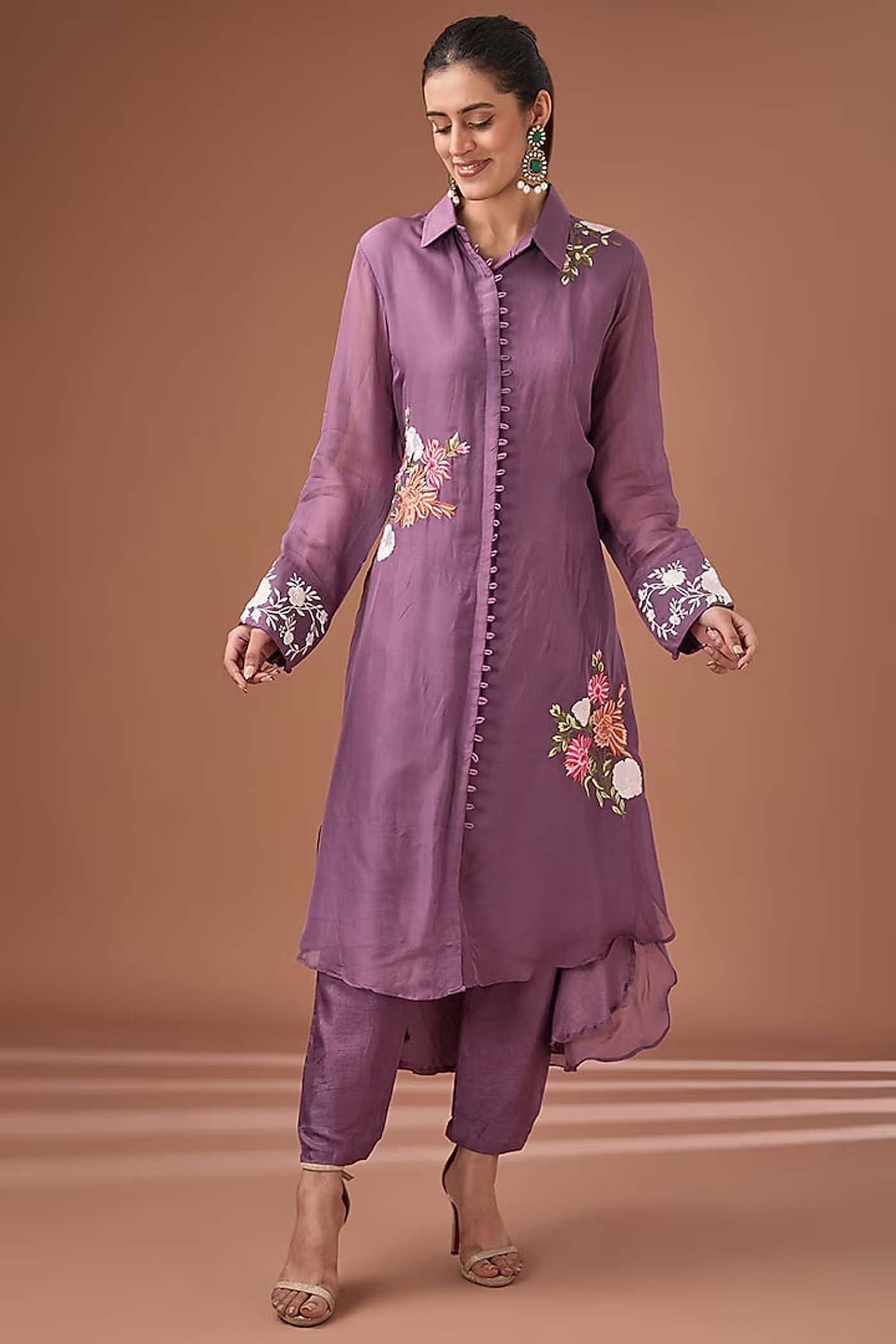 Purple Floral Organza Tunic with Pants