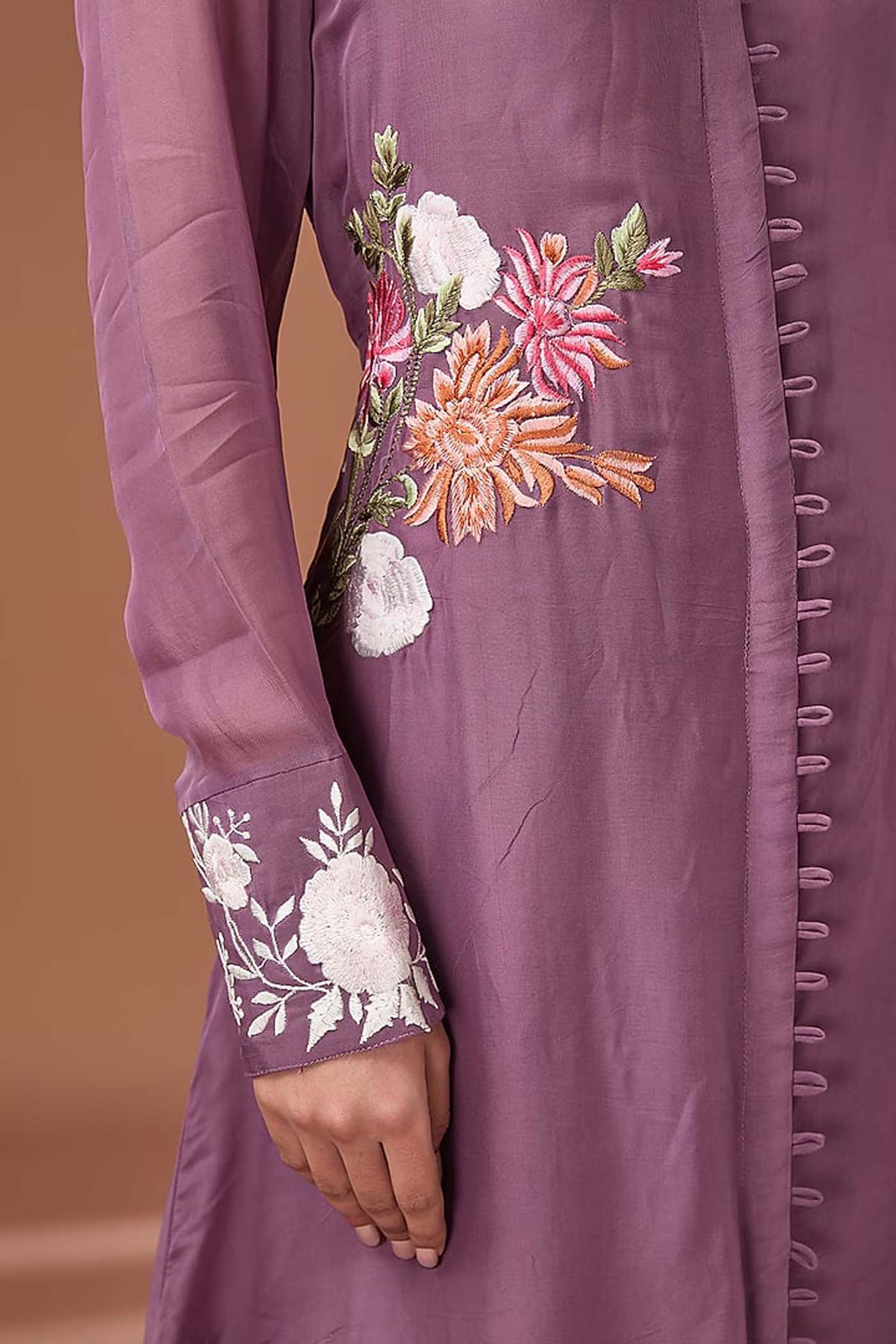 Purple Floral Organza Tunic with Pants