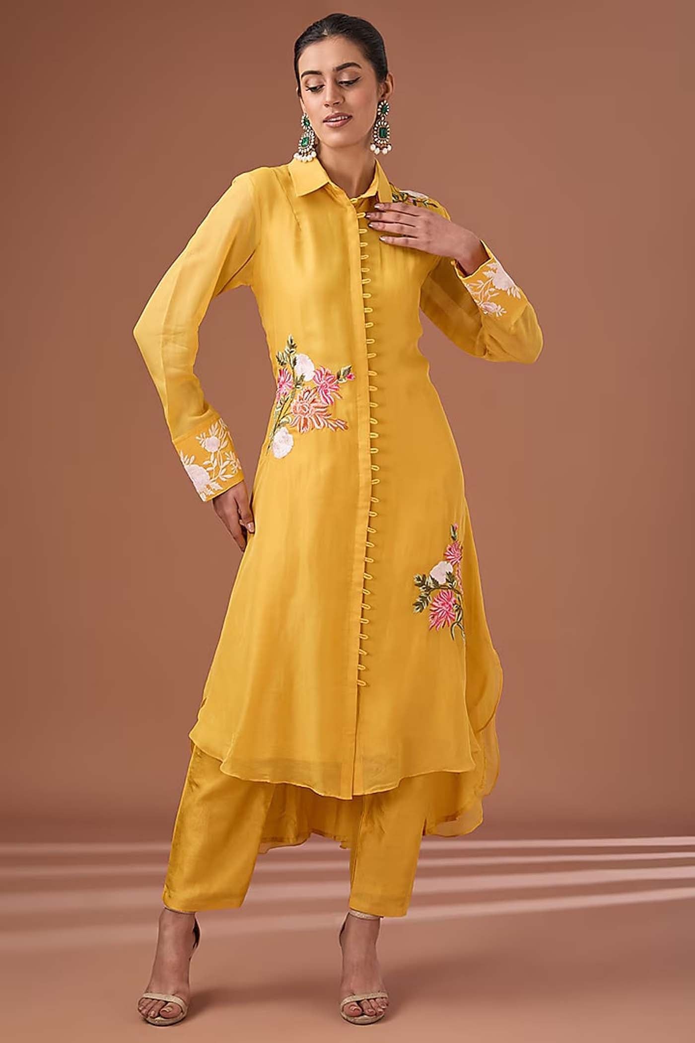 Yellow Floral Organza Tunic with Pants