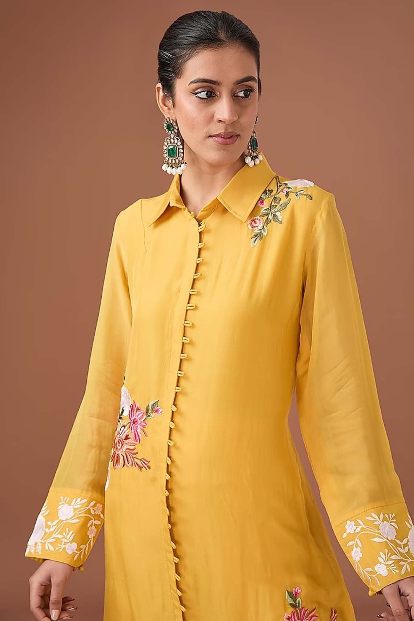 Yellow Floral Organza Tunic with Pants