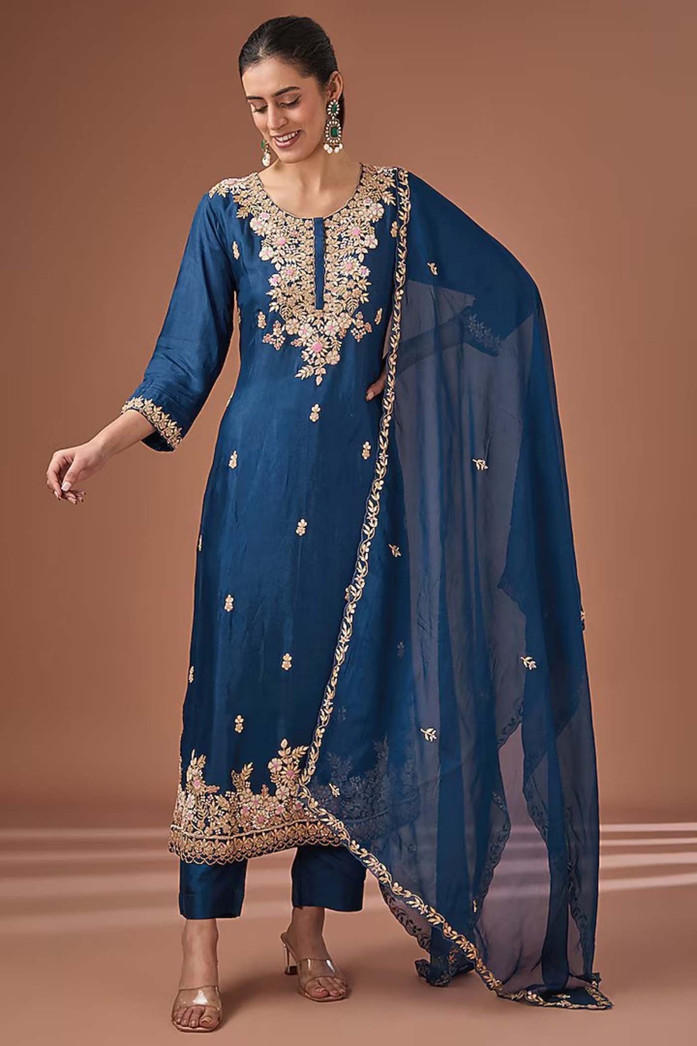 Teal Blue Straight Suit with Pants and Dupatta