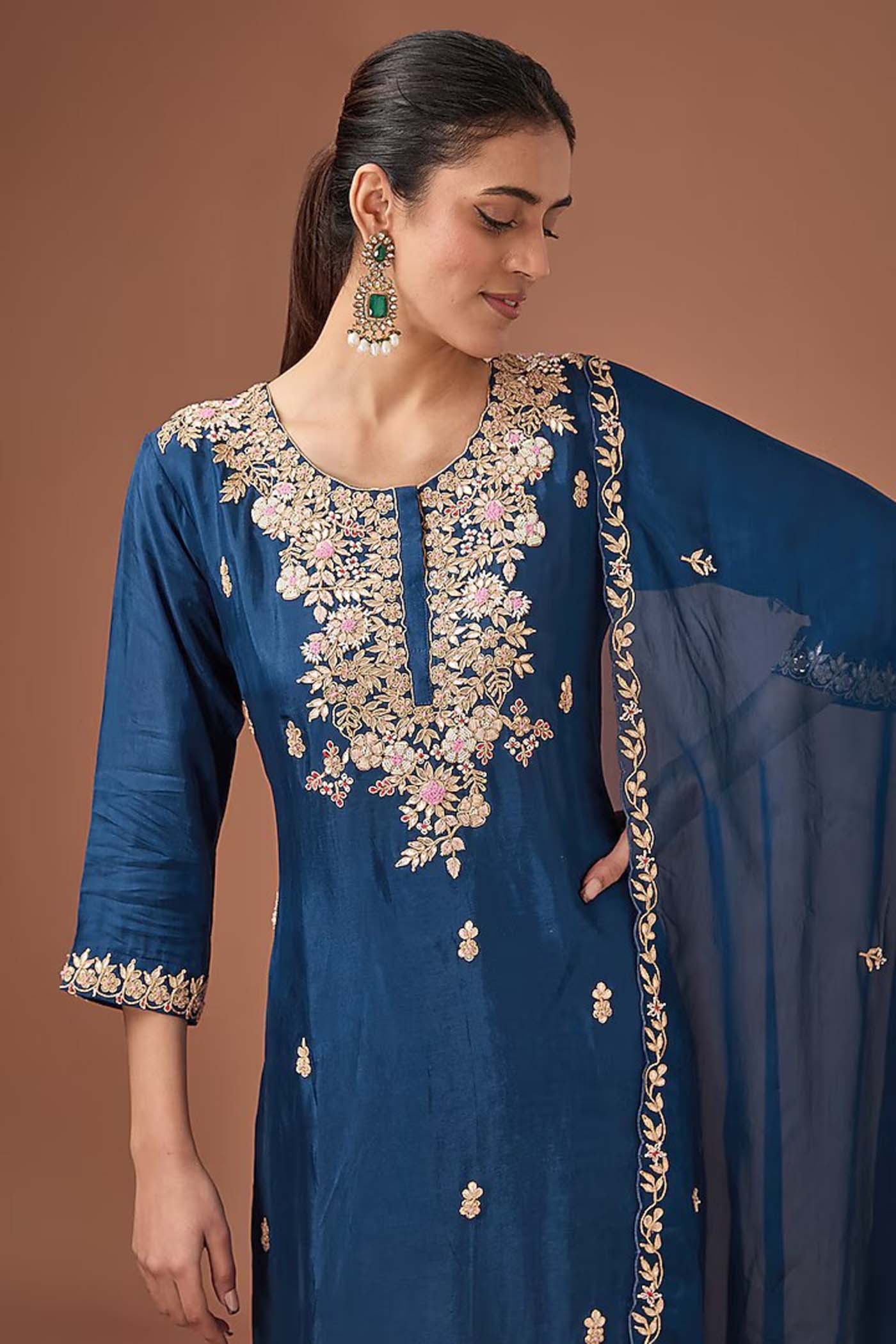 Teal Blue Straight Suit with Pants and Dupatta