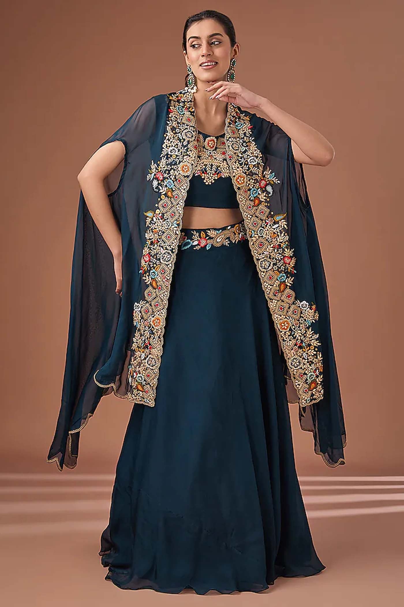 Blue Crop-Top Lehenga with Organza Cape