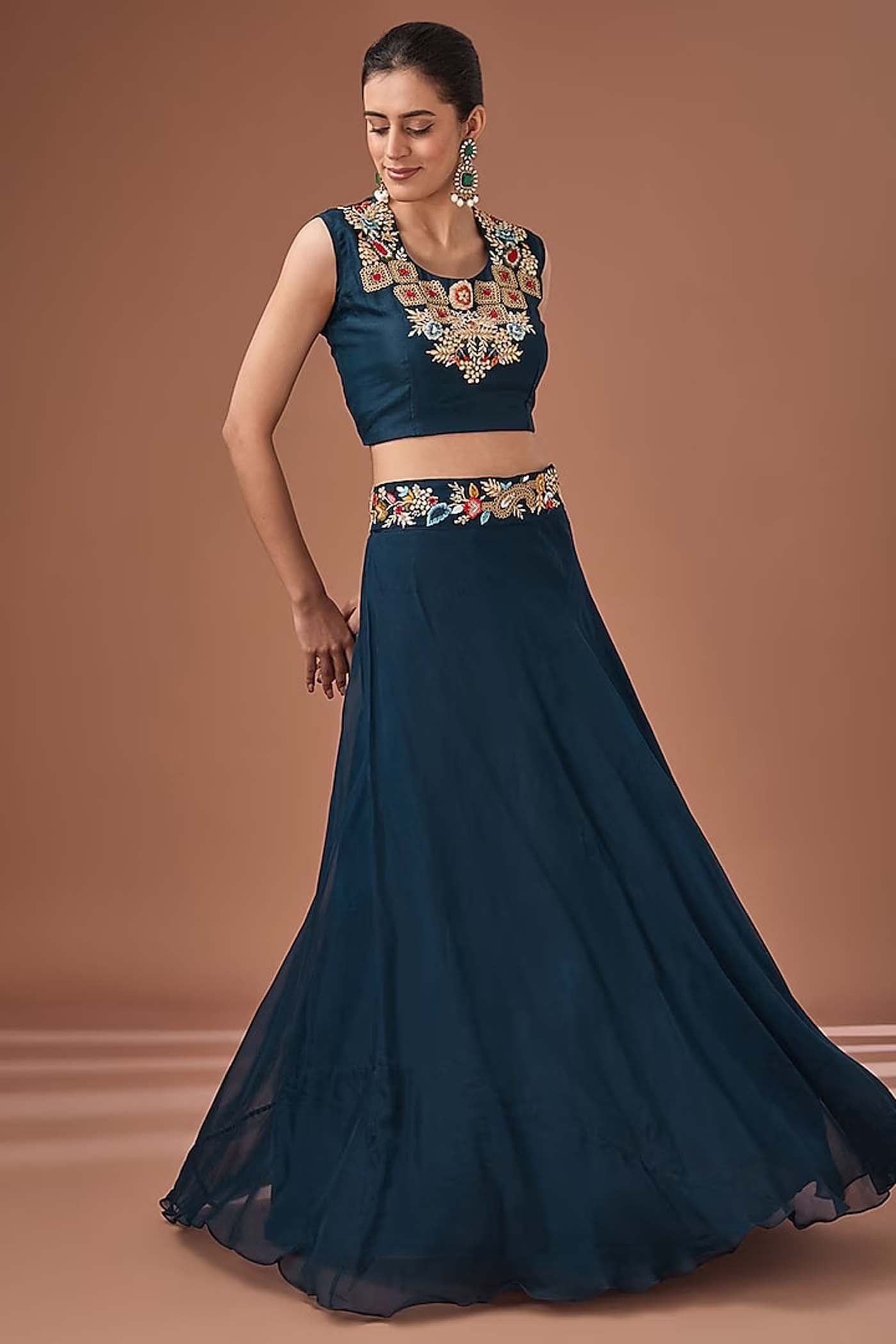 Blue Crop-Top Lehenga with Organza Cape