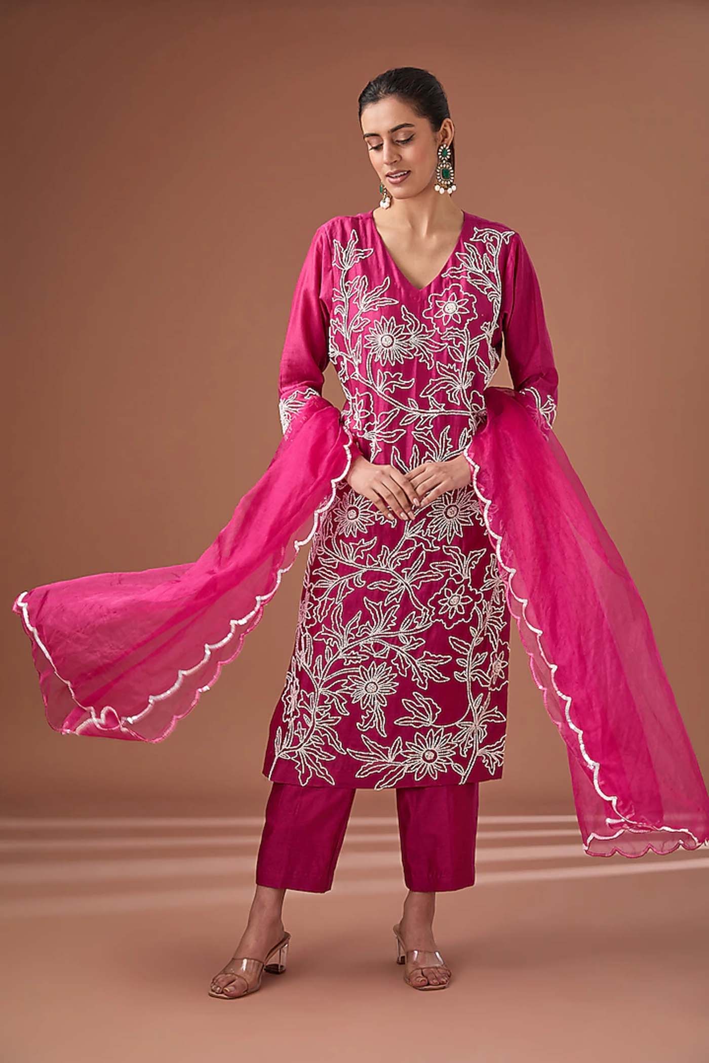 Onion Pink Straight Suit with Pants and Dupatta