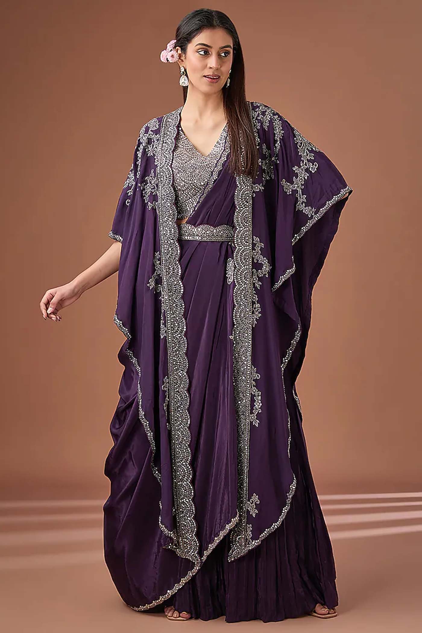 Purple Draped Lehenga with Long Heavy Jacket